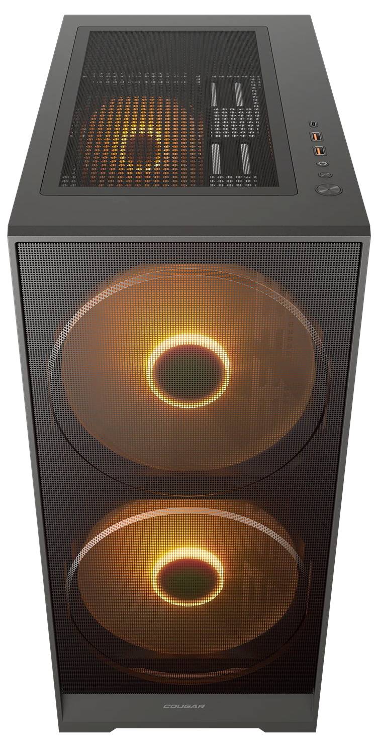 Ett svart datorhölje med chassi har två stora, upplysta fläktar med orangea LED-lampor på frontpanelen, samt ytterligare portar och kontroller på ovansidan.