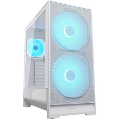 Ett vitt datorhölje med en transparent sidopanel som visar interna komponenter och tre blå LED-belysta kylningsfläktar framtill och baktill.
