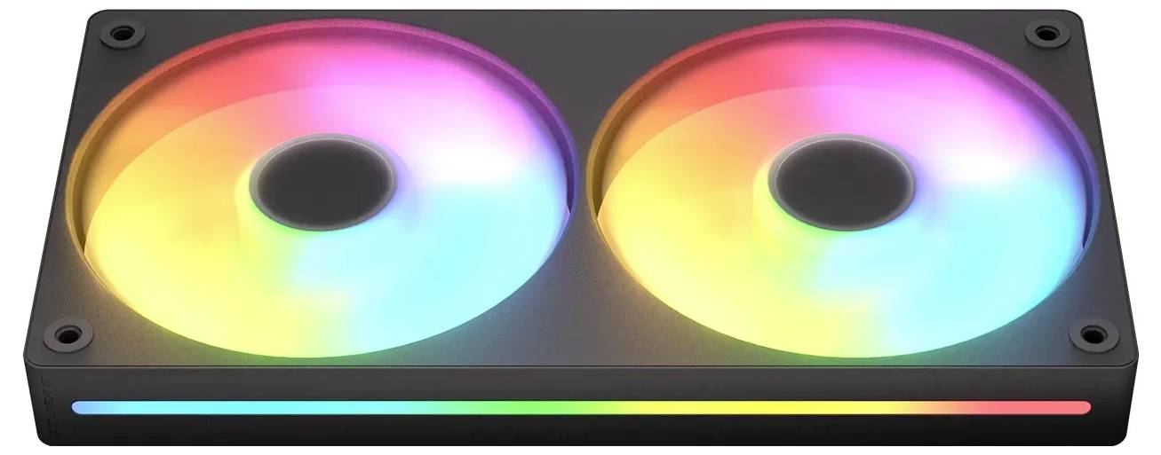 En datorlådefläkt med färggrann RGB-belysning, där två stora runda fläktar utstrålar en regnbåge av färger.