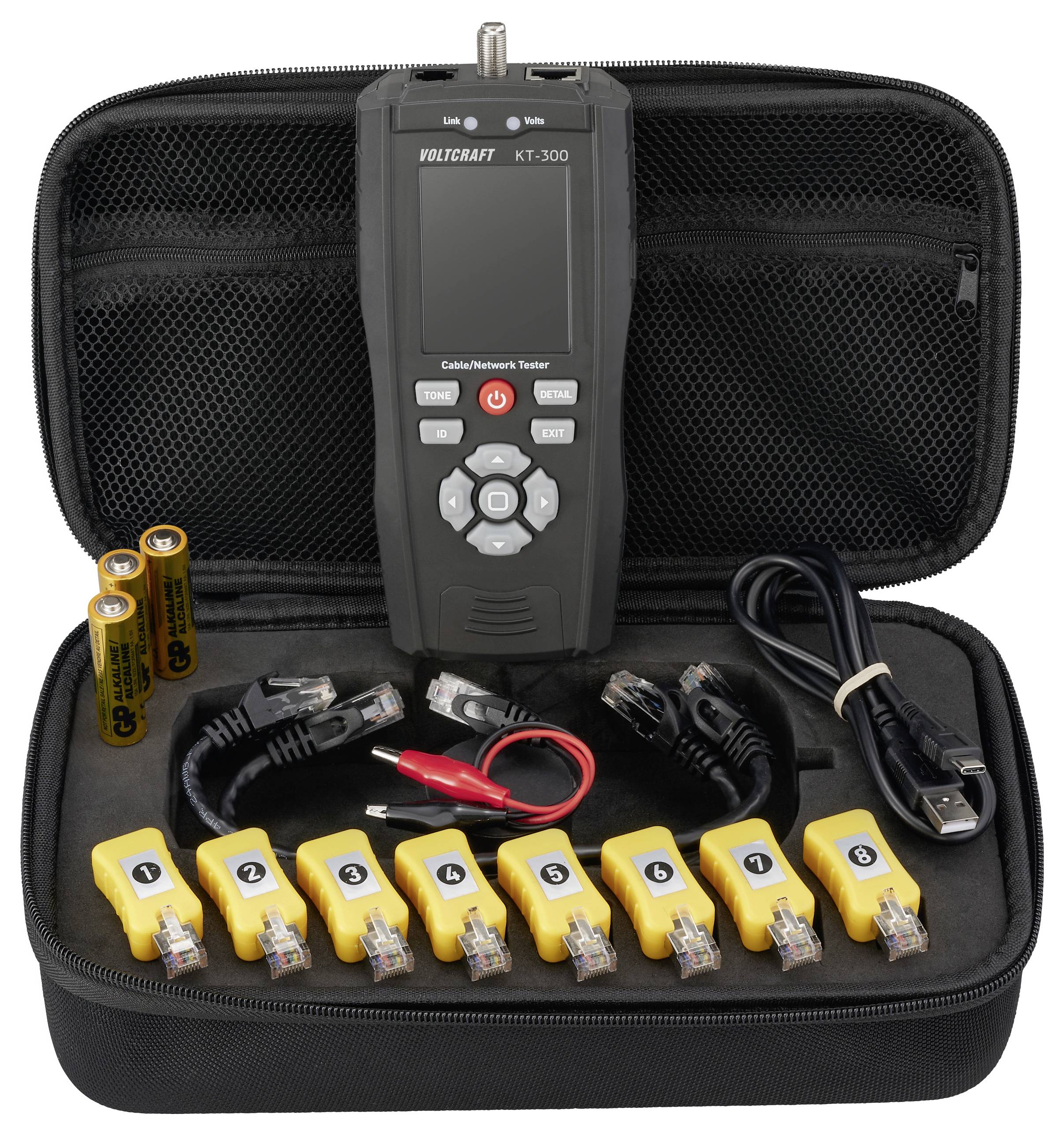 'Nätverkskabeltest-kit i ett svart fodral, innehållande en huvudenhet, åtta gula kontakter, USB-sladd, två batterier och kablar.'