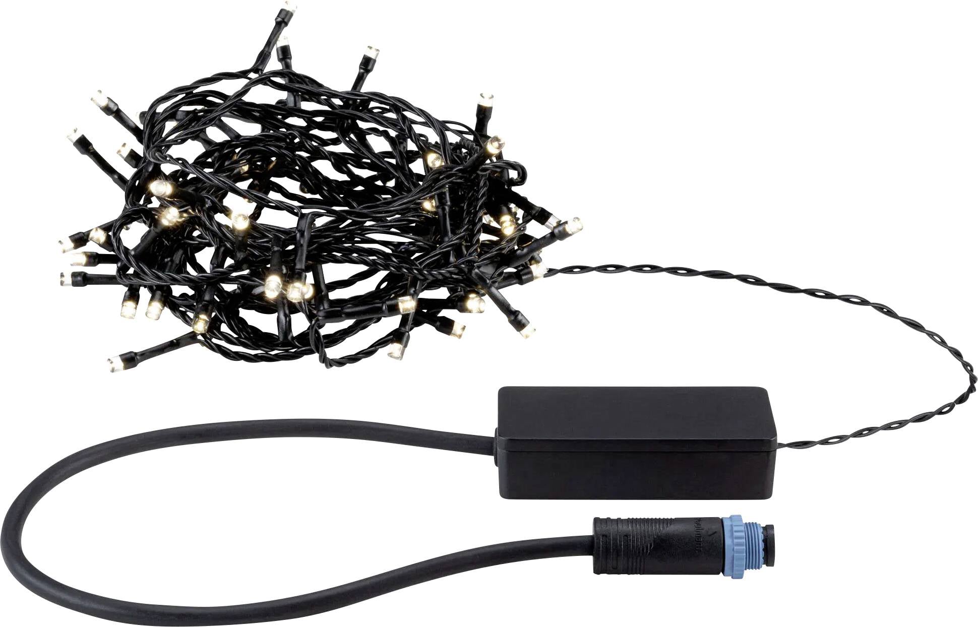 En slingrad sträng av LED-lampor ansluten till en strömadapter med en lång svart kabel och kontakt, avsedd för dekorativ belysning.