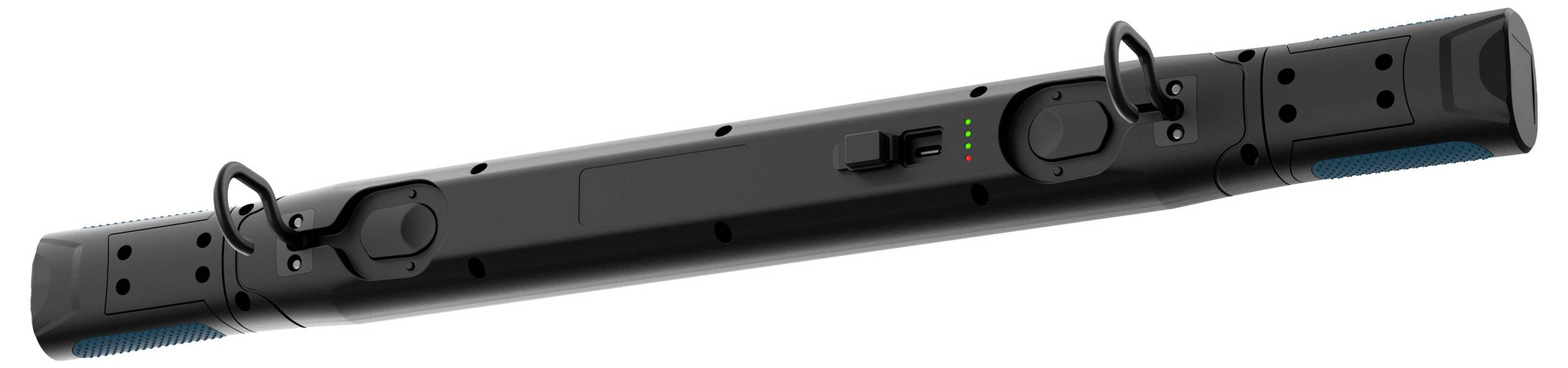 En svart elektronisk enhet med kontrollknappar, indikatorlampor och två slingor för fästning, sedd från en vinkel.