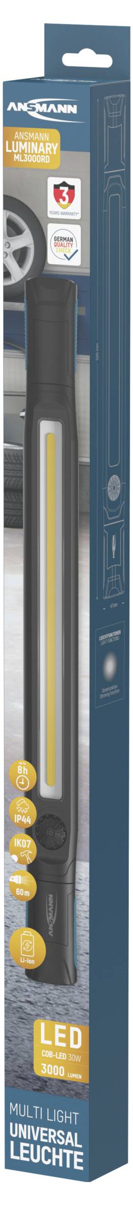 'AirCraft' märkt LED-multilys i en blå och orange förpackning, visad med ett bilhjul i bakgrunden.