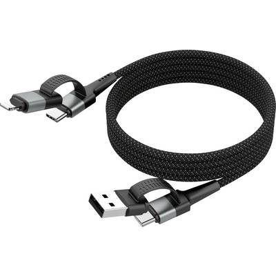 En svart flätad laddningskabel med tre kontakter: USB, micro-USB och USB-C, noggrant ihopveckad för mångsidighet och bekvämlighet.