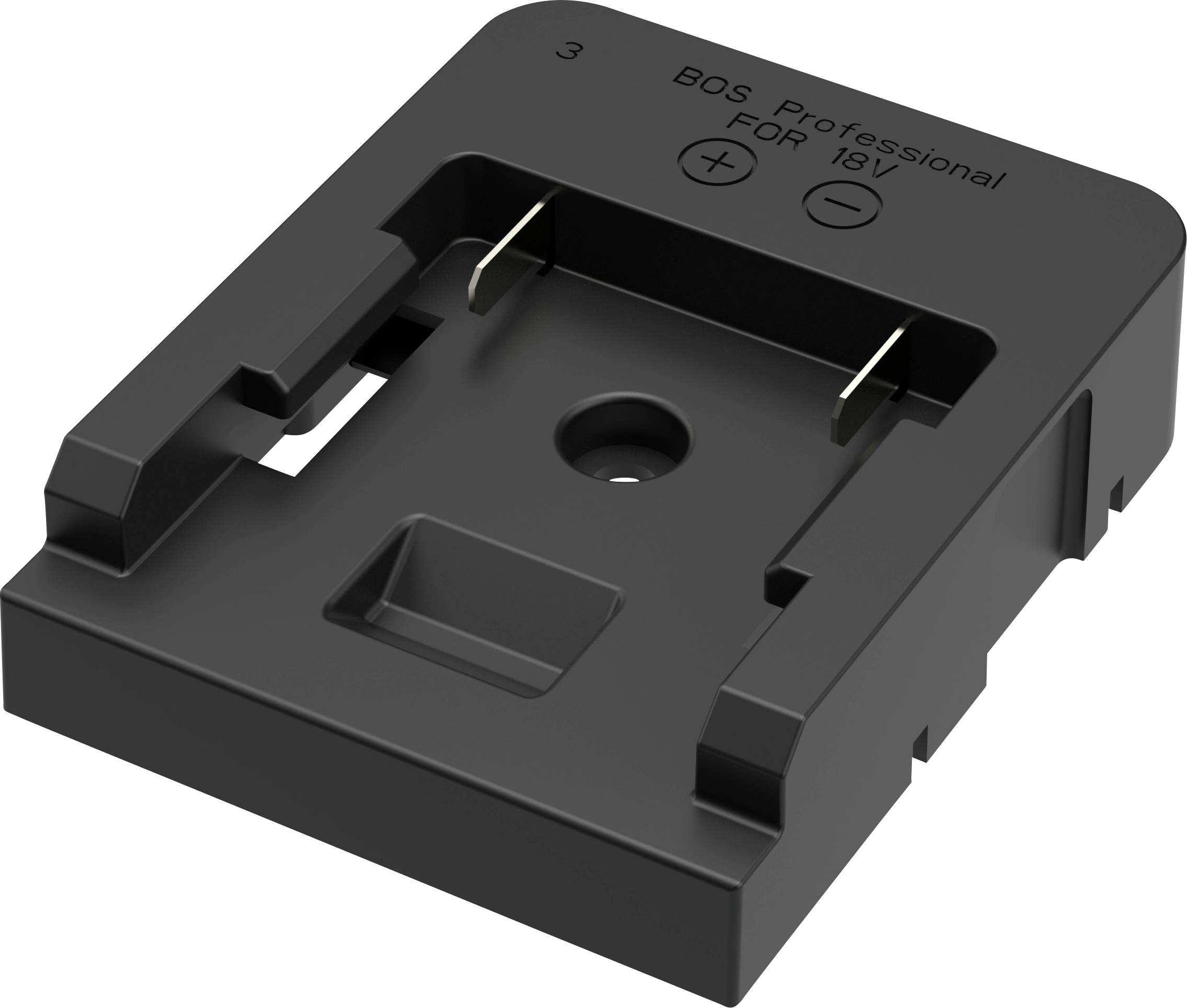 Batteriadapter för Bosch Professional 18V; utrustad med positiva/negativa markeringar för korrekt placering.