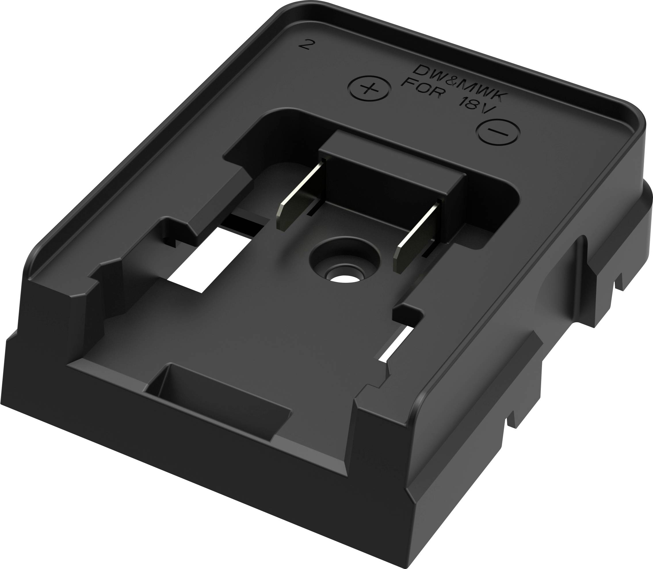 En svart, rektangulär batteriadapter märkt 'FOR 18V', utrustad med metallkontakter för laddning.
