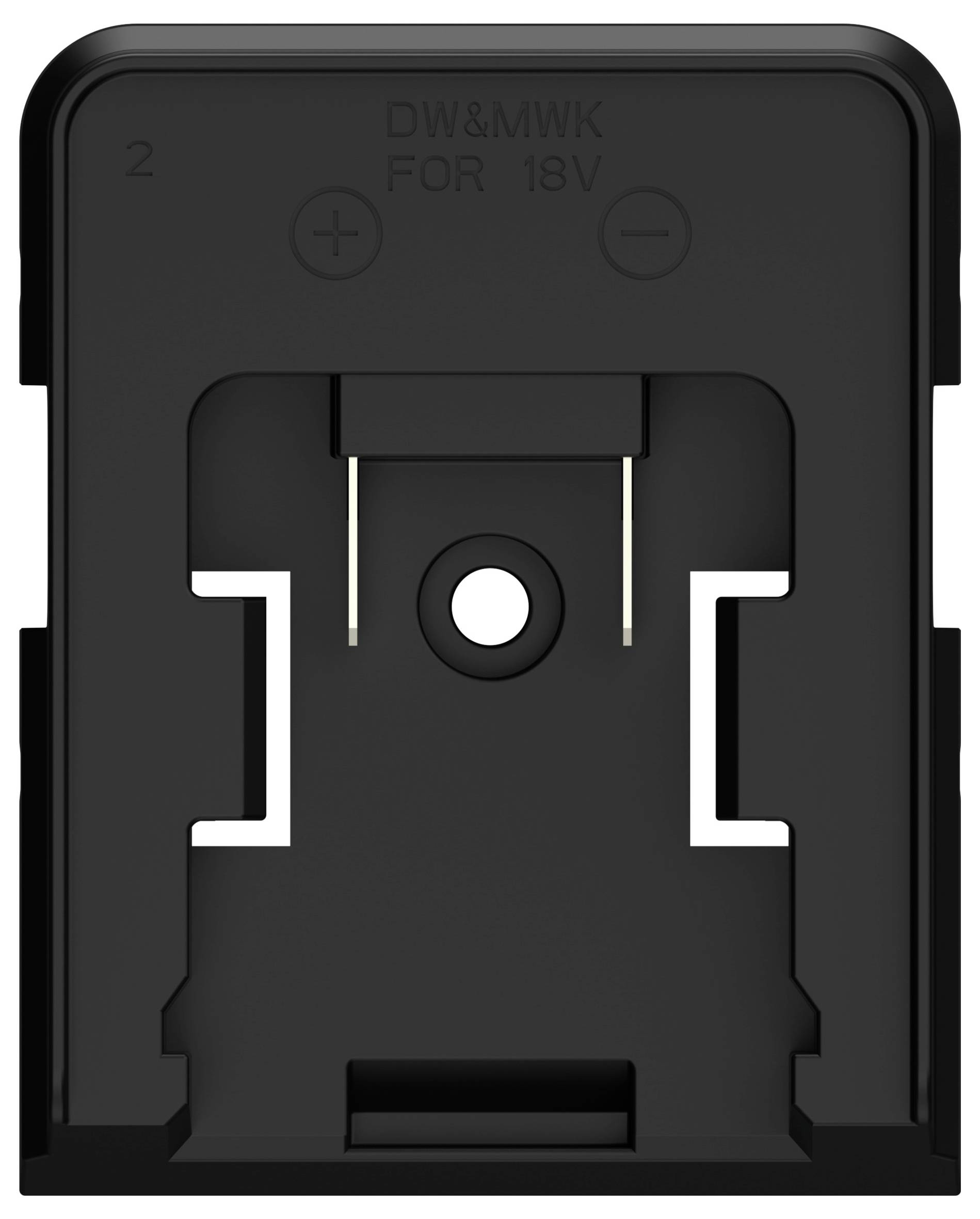Svart batteriadapter märkt DW&MWK FÖR 18V med plus- och minussymboler som anger polaritet.