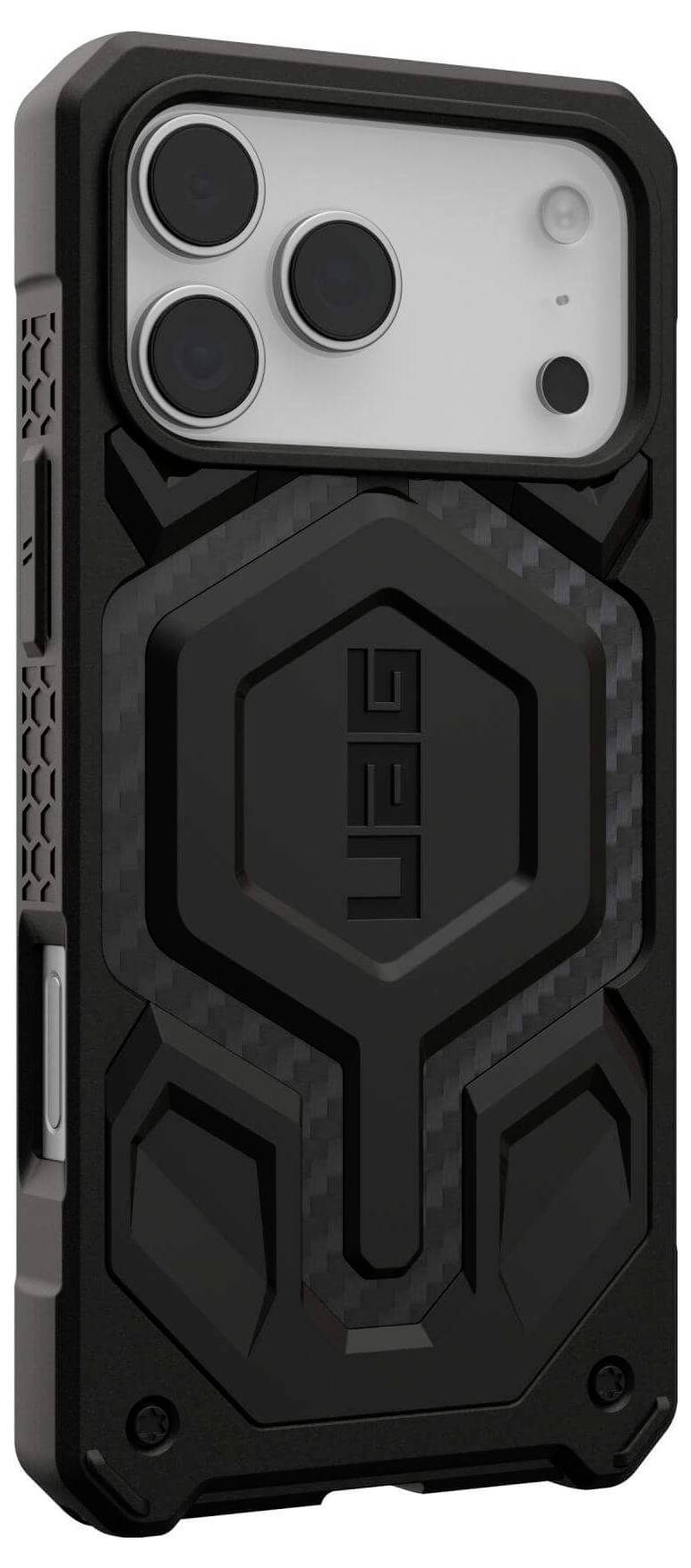 En robust smartphoneskal med en texturerad, hexagonal design och 'UAG' märkning, konstruerad för att skydda enheten med förstärkta hörn.