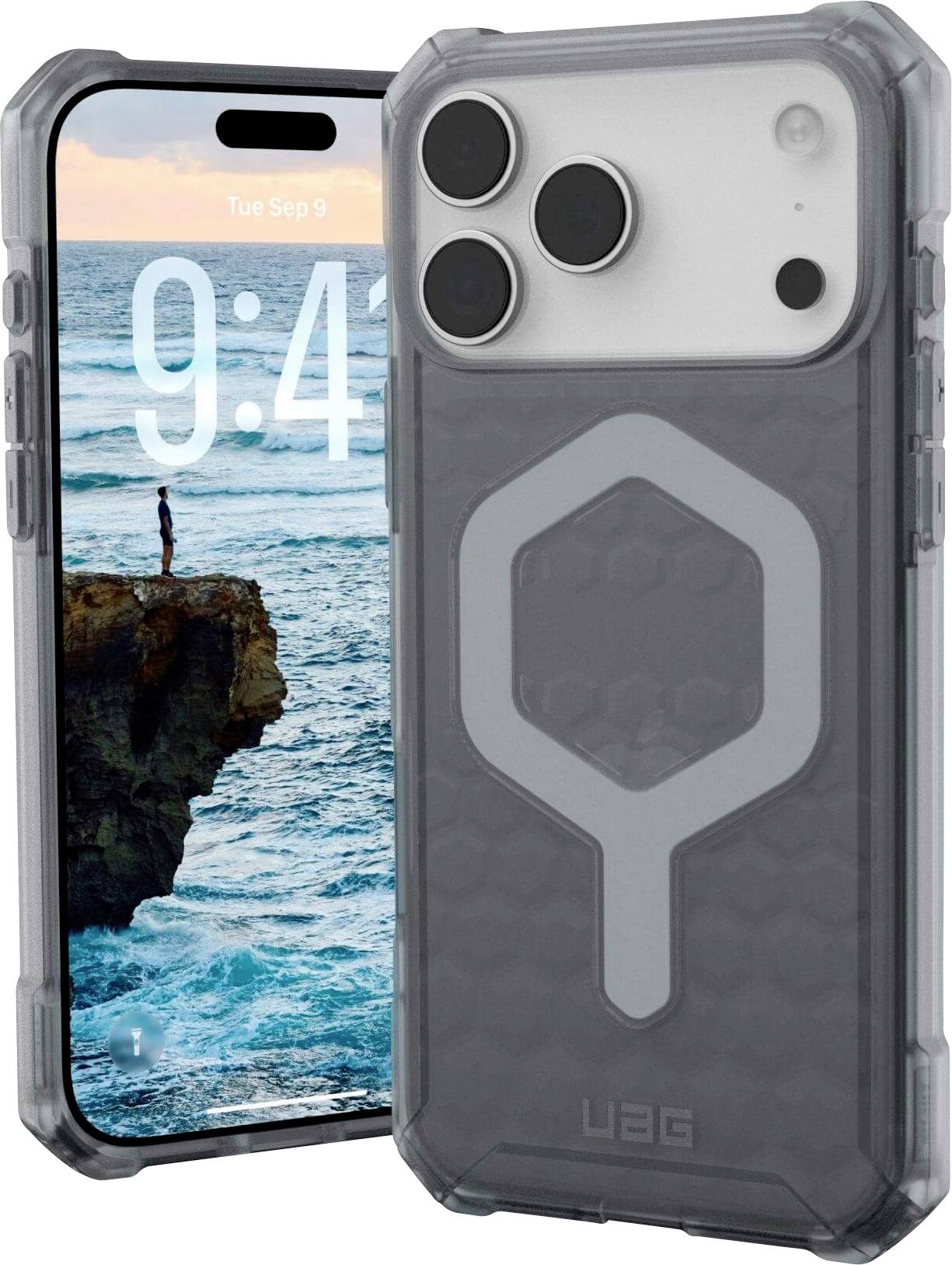 En robust smartphonefodral med en honungskakedesign visas. En telefon visar tiden '9:44' och datumet 'Tis Sep 9' med en havskliffsscen.