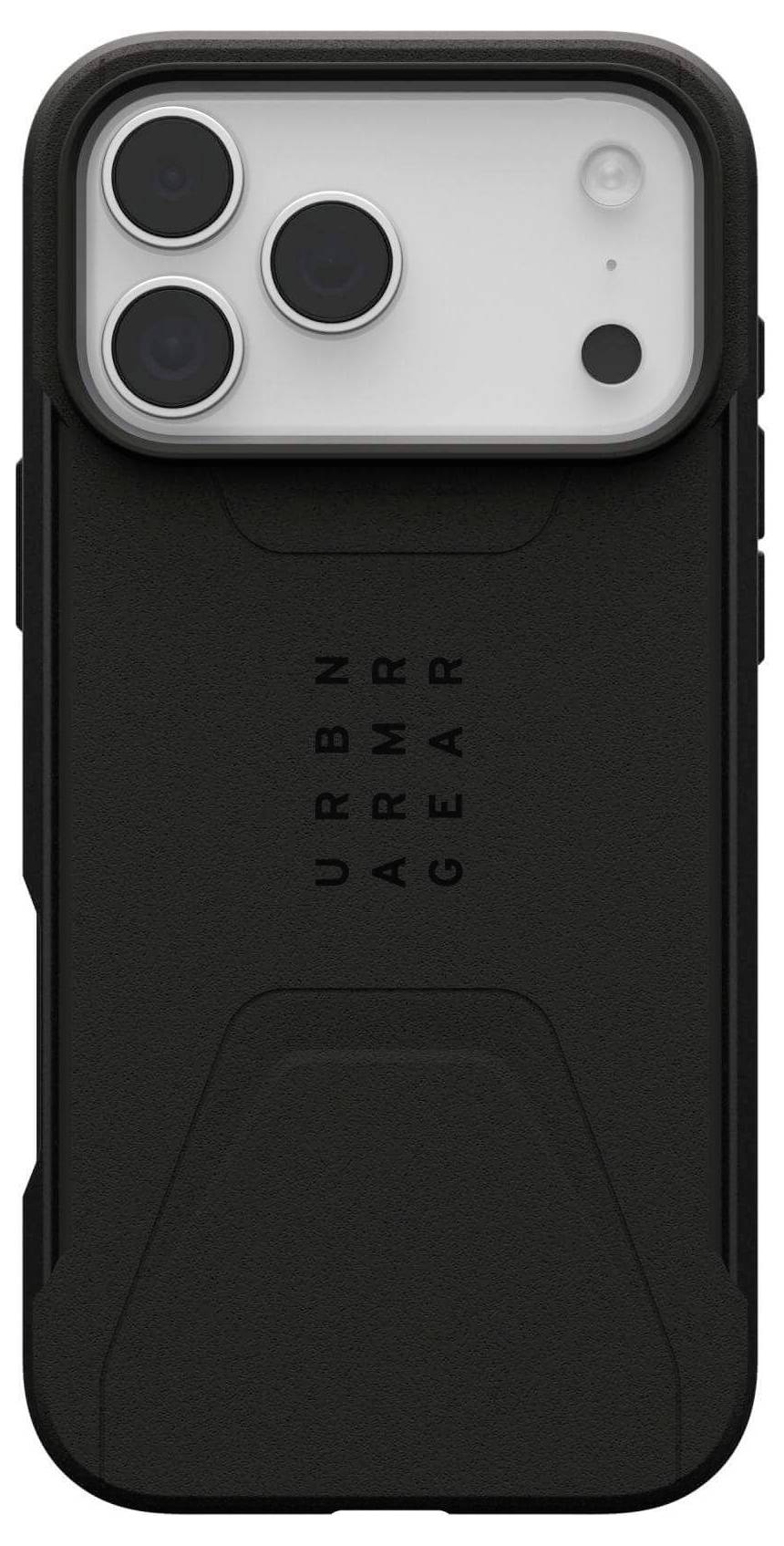Svart mobilskal med 'URBN ARMR GEAR' text, utrustat med tre stora kamerahål och en robust design för skydd.