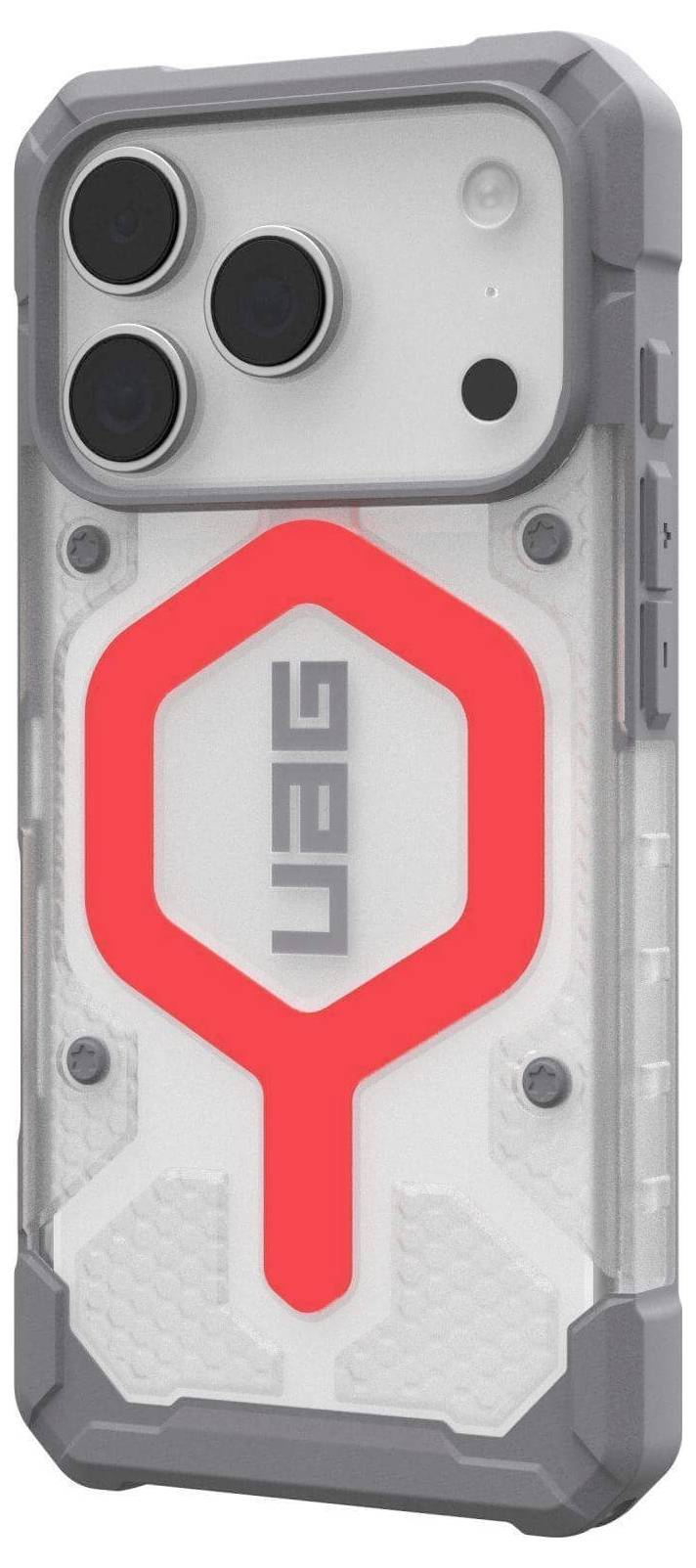 Ett robust mobilfodral med transparent baksida, gråa kanter och en framträdande röd UAG-logotyp, konstruerat för att skydda en smartphone med trippel kameralinser.
