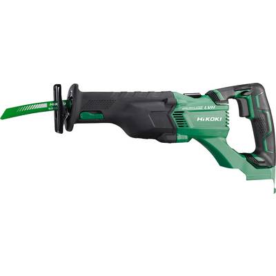 En grön och svart elektrisk sticksåg märkt 'HiKOKI' med ett grönt blad, utrustad med ett ergonomiskt grepp och sladdlös design.