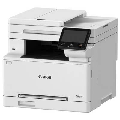 En vit multifunktionell skrivare med pekskärm och Canon-logotyp, avsedd för kontorsbruk.