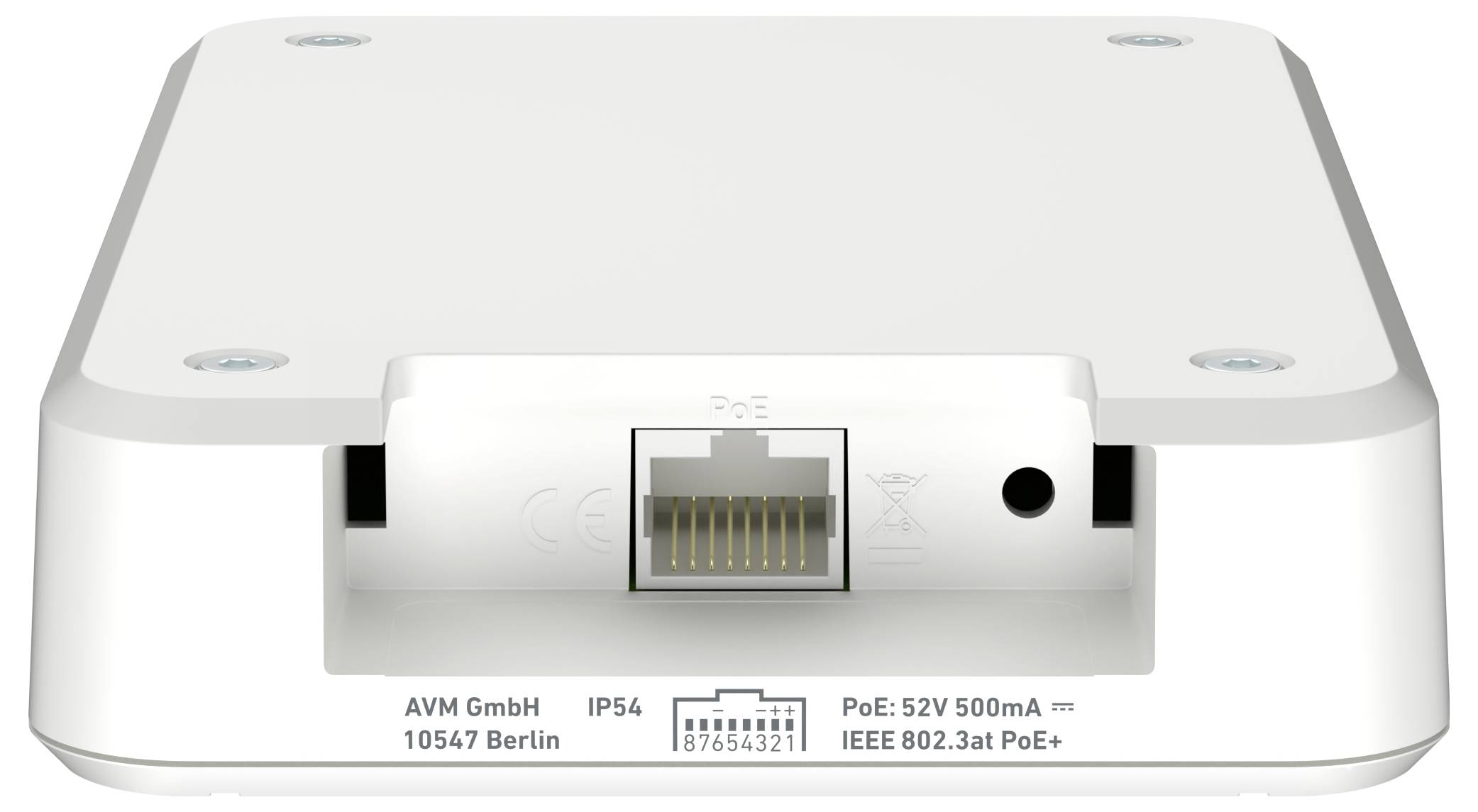 En rektangulär enhet med en Ethernetport och etiketter som visar effektspecifikationer och tillverkningsinformation.