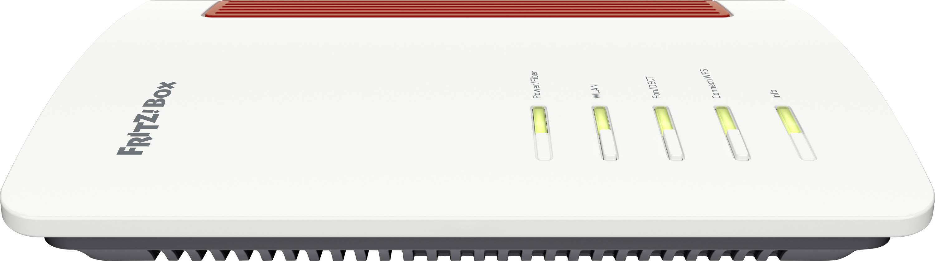 En vit Wi-Fi-router med fyra indikatorlampor märkta 'Ström/DSL', 'WLAN', 'FON/DECT', 'Anslut/WPS'. Varumärkesnamn i övre vänstra hörnet.