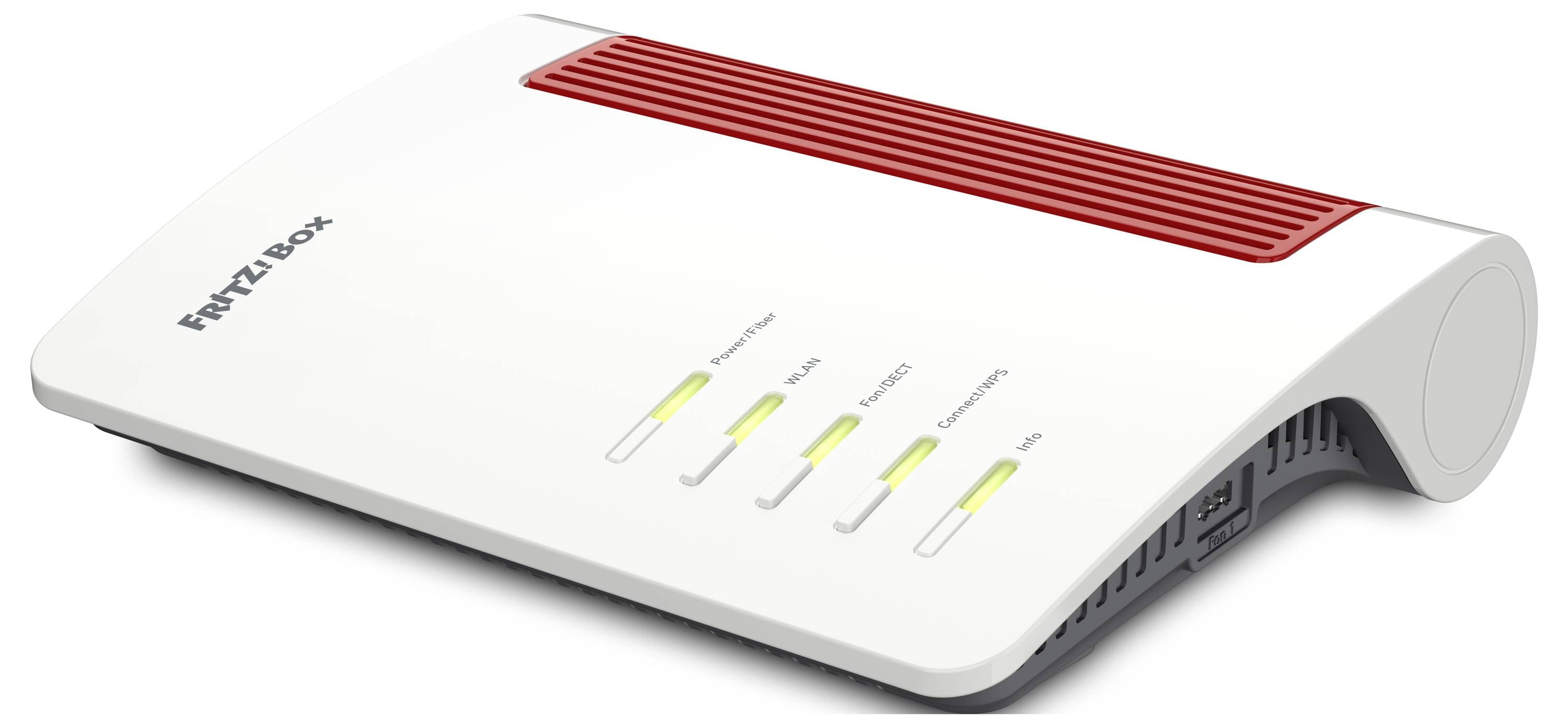 En vit och röd internetrouter med indikatorer märkta: 'Ström/DSL', 'FON/DECT', 'WLAN', 'Anslut/WPS' och 'Info'.