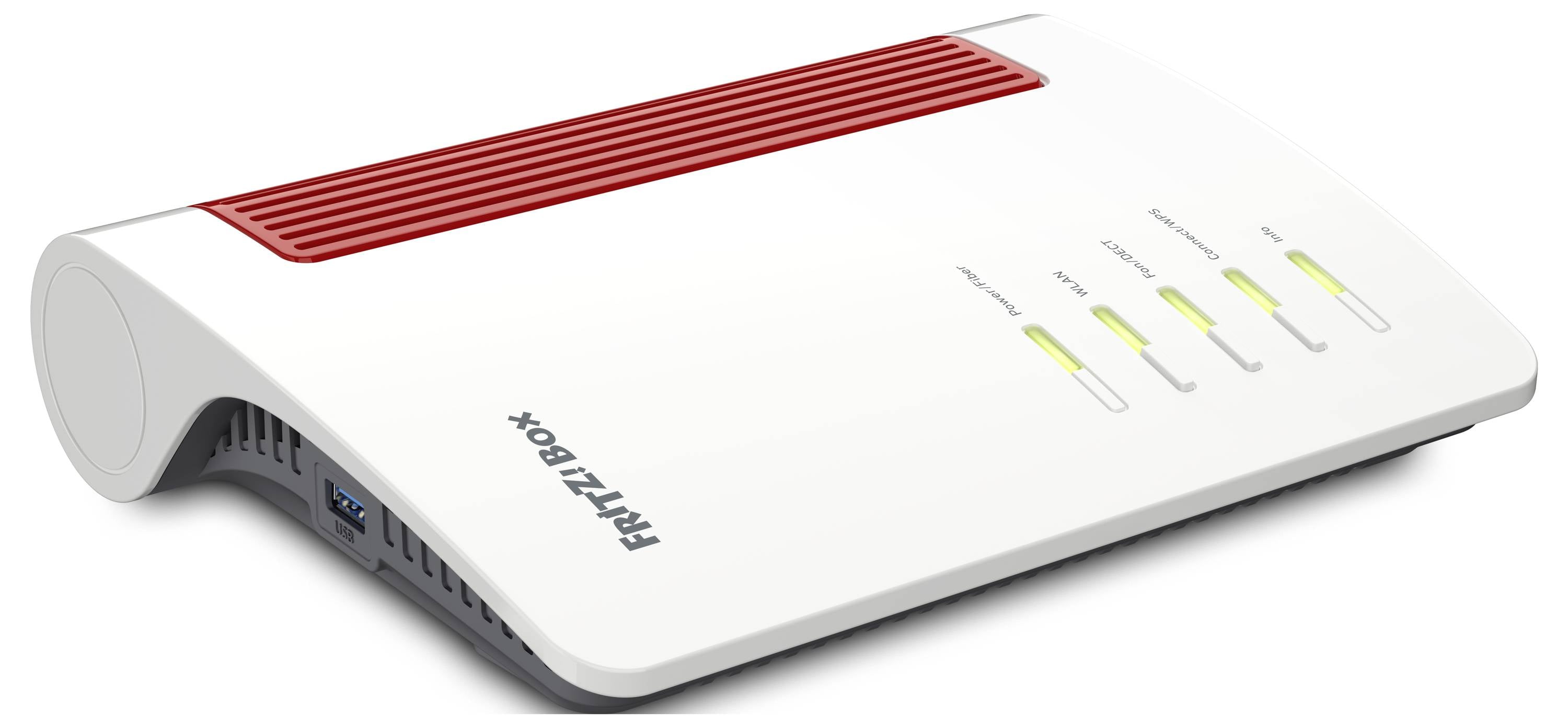 En vit och röd router märkt 'FRITZ!Box' med indikatorlampor som visar ström, internet och LAN-anslutningar på frontpanelen.