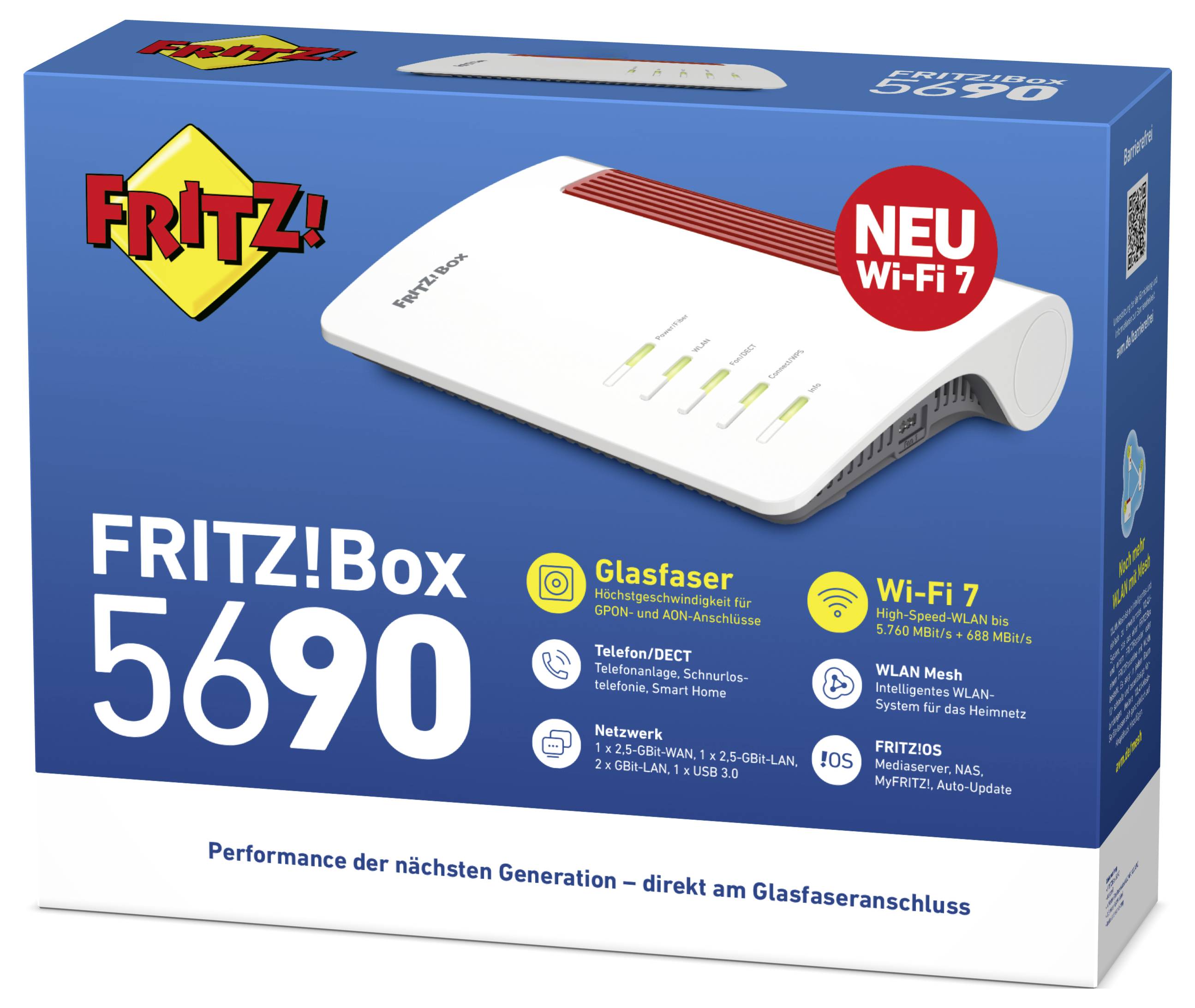 'FRITZ!Box 5690' visas på förpackningen och framhäver funktioner som stöd för 'Fibernät', 'Wi-Fi 7' och 'WLAN Mesh' funktionaliteter.