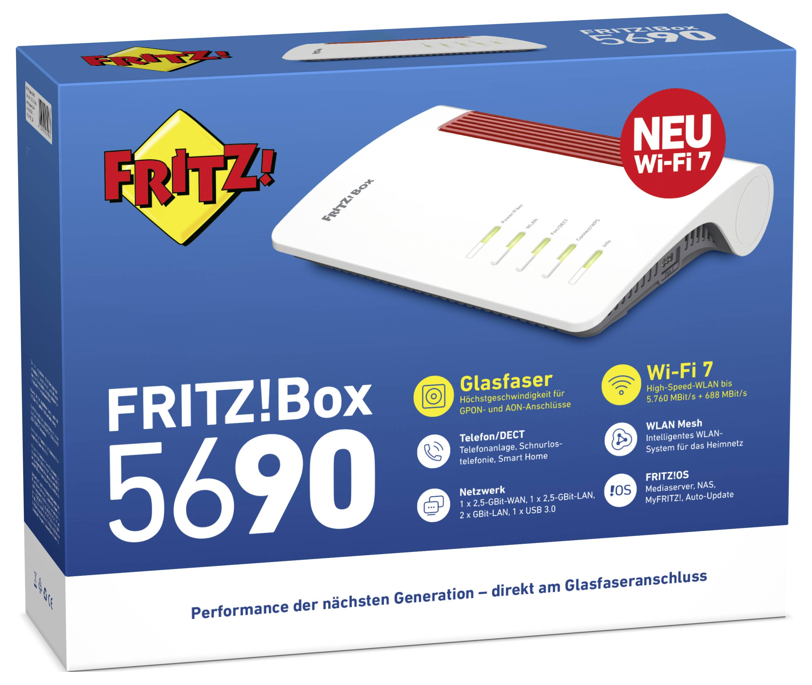 FRITZ!Box 5690-förpackningen visar en höghastighetsinternetrouter som stöder Glasfaser och Wi-Fi 7 med avancerade nätverksfunktioner.