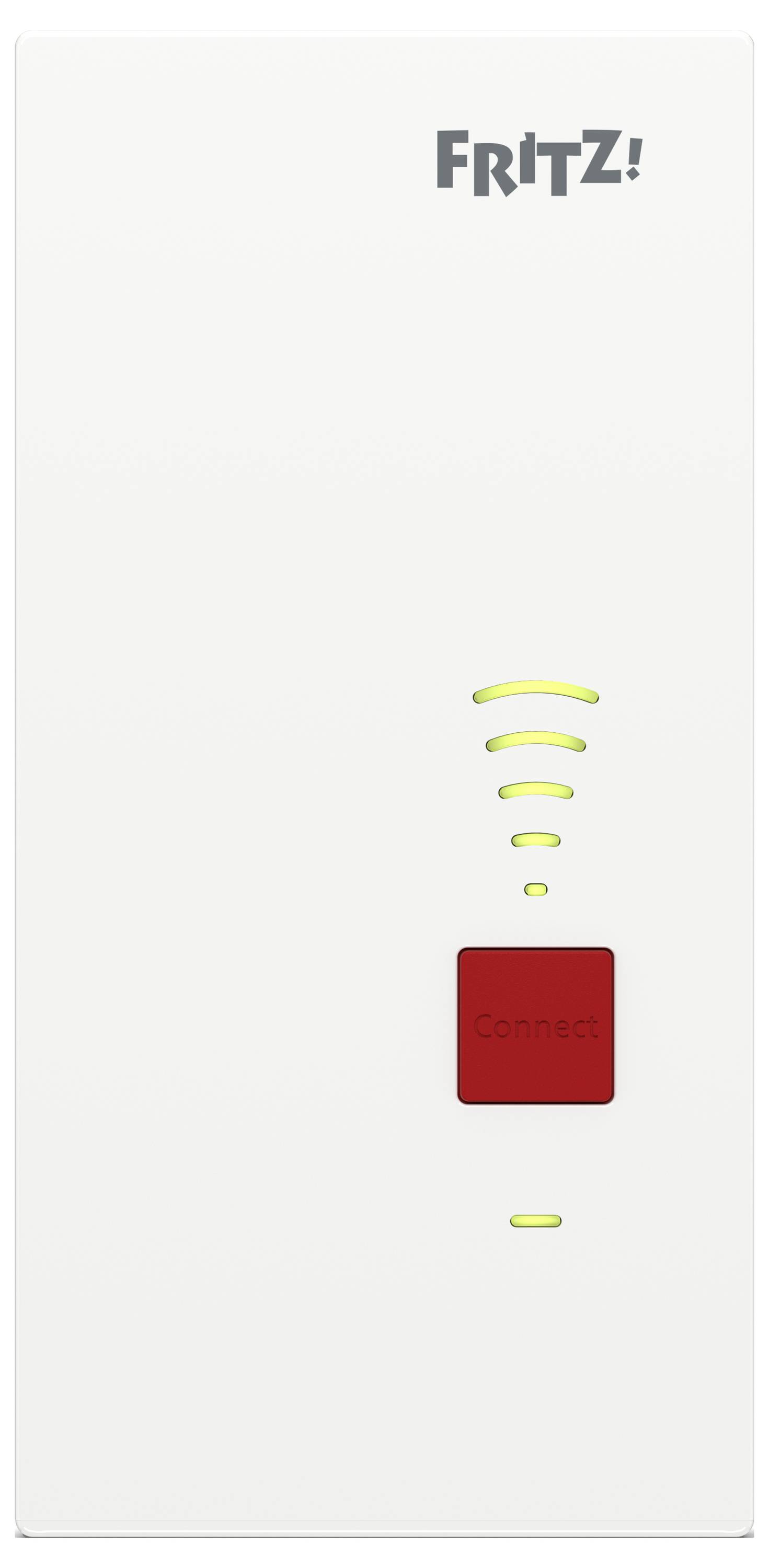 FRITZ! Wi-Fi-repeater med en röd knapp märkt 'Anslut' och gröna signalstyrkeindikationer.