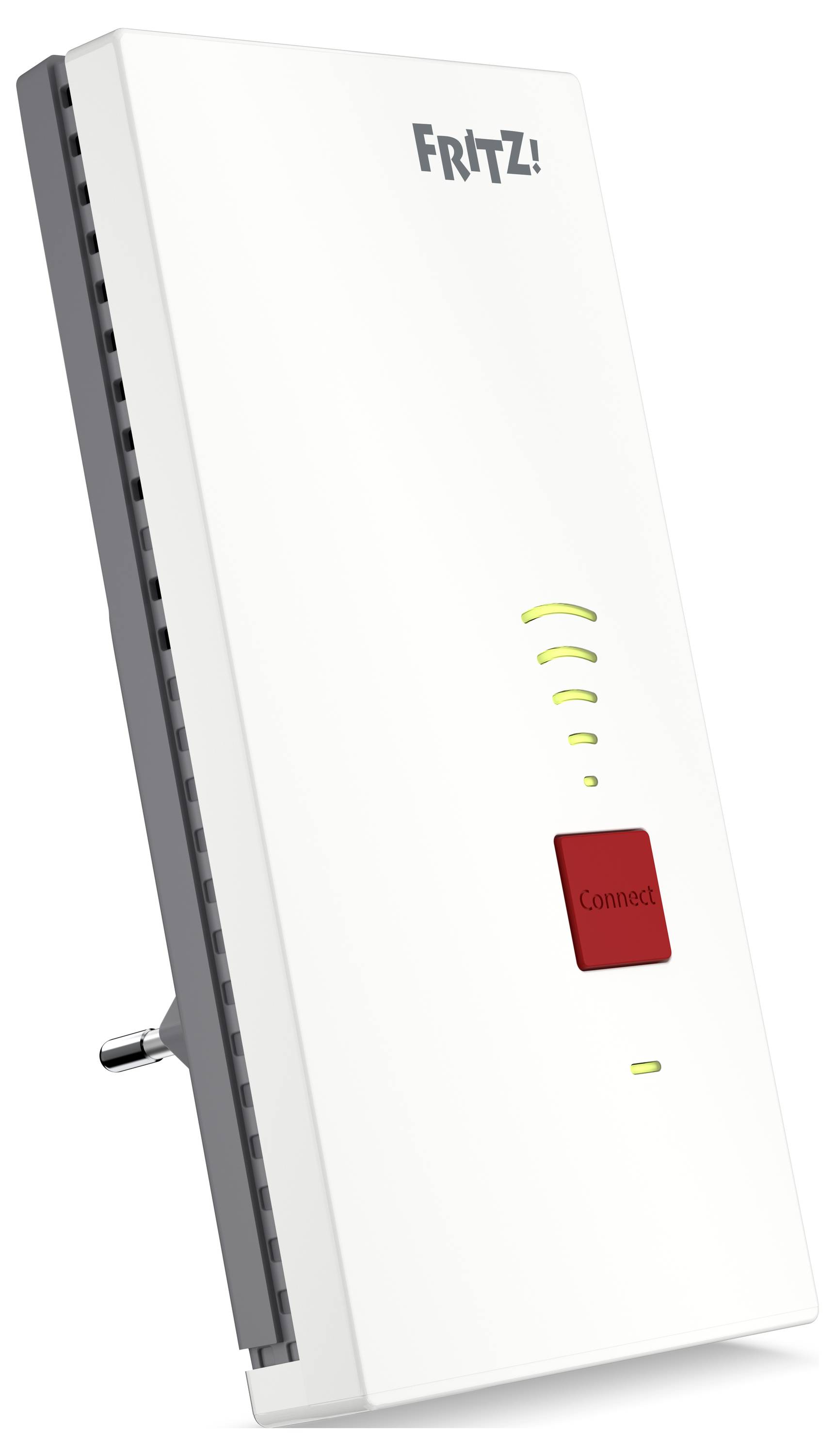 En vertikal vit Wi-Fi-förstärkare med en röd knapp märkt 'Anslut' och signalstyrkeindikationer.