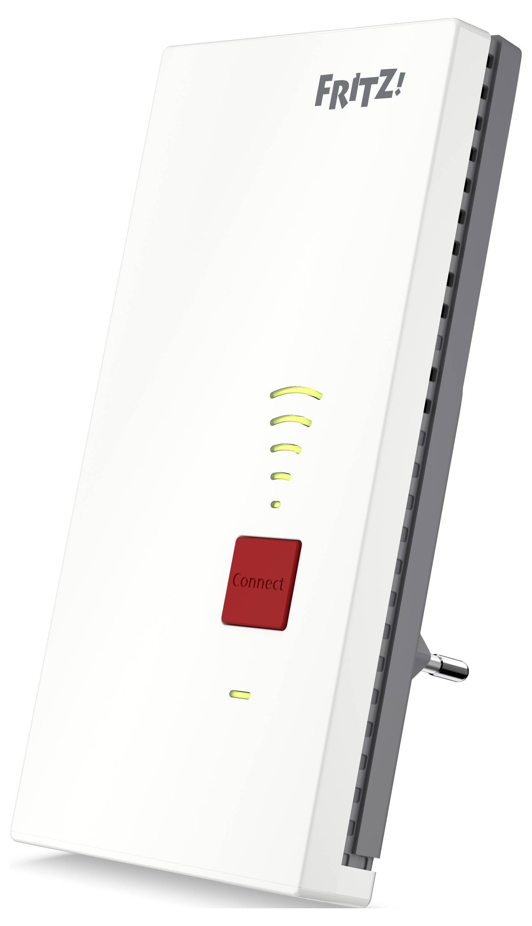 En vit Wi-Fi-repeater med 'CONNECT'-knapp och signalstyrkeindikationer på framsidan.