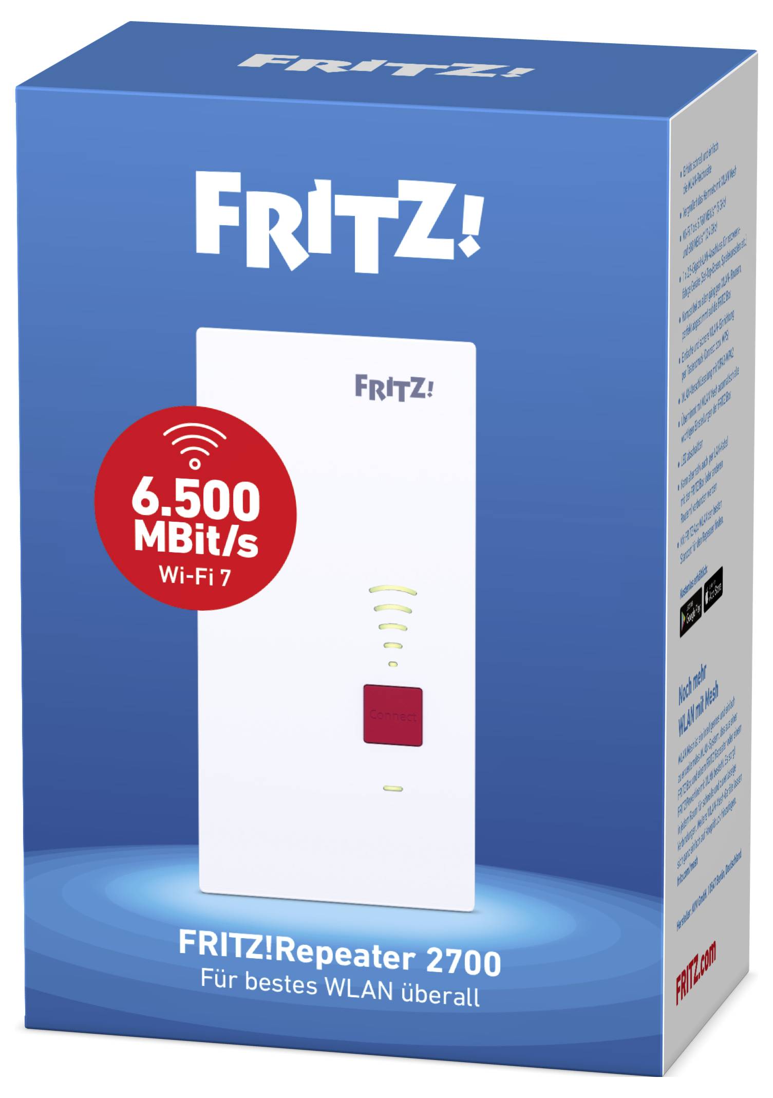 En låda för 'FRITZ!Repeater 2700', som marknadsför 6,500 MBit/s Wi-Fi 7 hastighet, med en bild av repeatern och tyska textbeskrivningar.