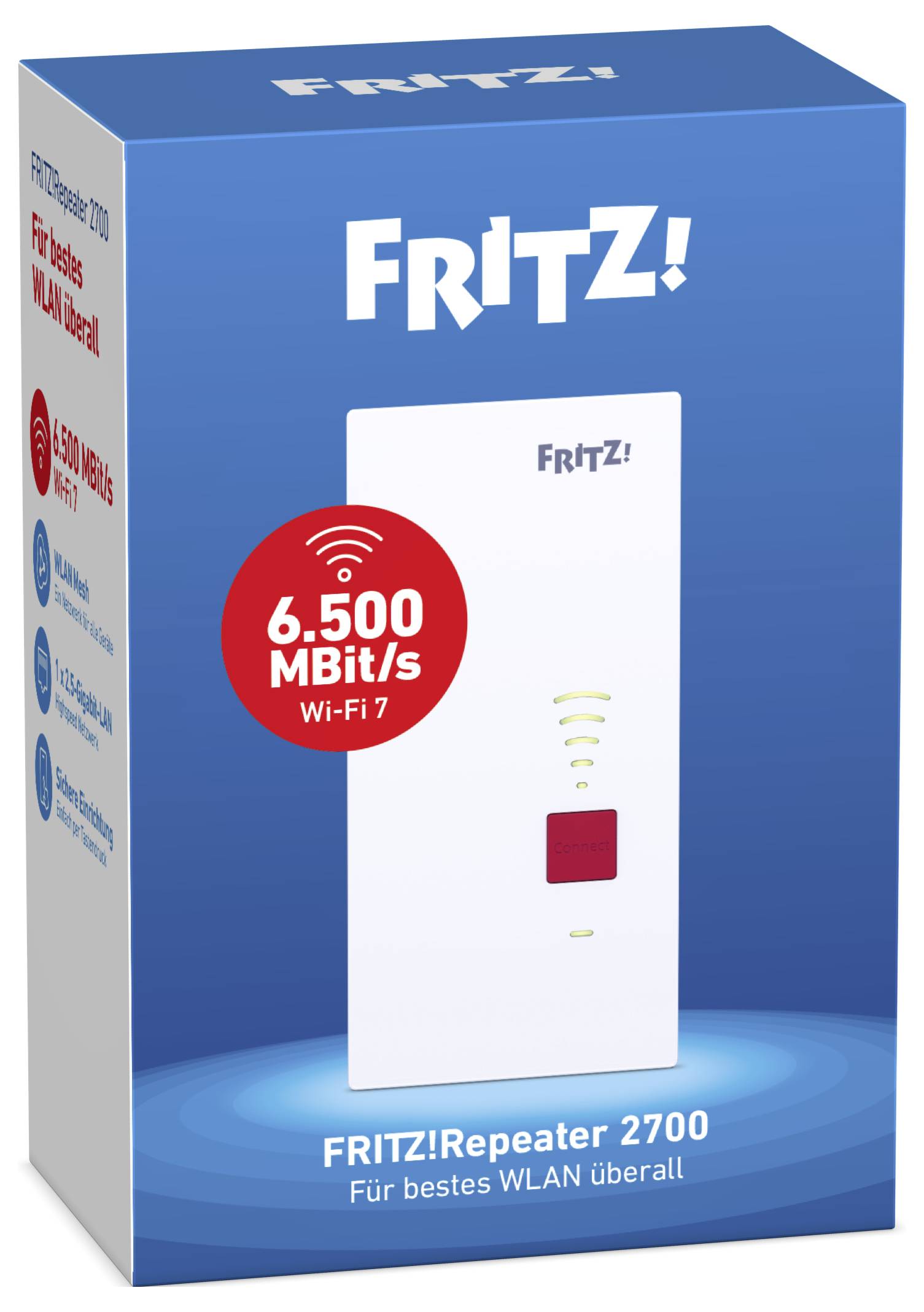 Bilden visar förpackning för FRITZ!Repeater 2700, som framhäver Wi-Fi 7-kapacitet och 6 500 Mbit/s hastighet för omfattande WLAN-täckning.