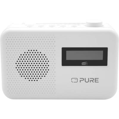 En vit portabel radio med en högtalare, en liten skärm och kontrollknappar på ovansidan. Varumärket 'PURE' är tryckt under skärmen.
