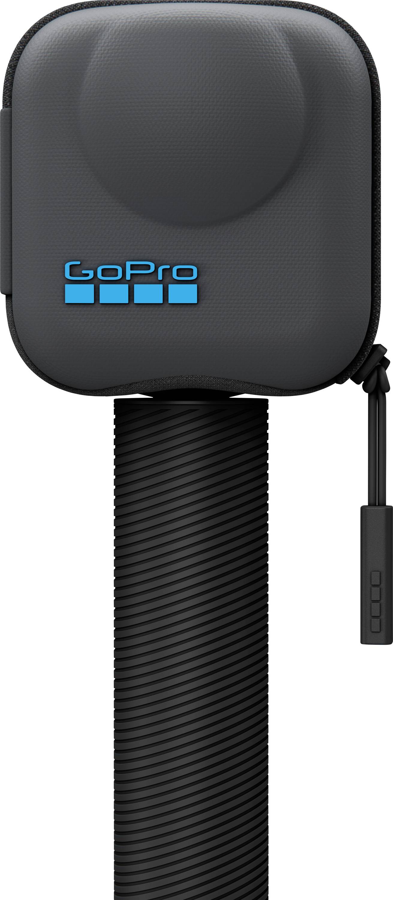 Ett svart GoPro-kamerafodral med blå märkning ovanpå ett strukturerat svart handtag.