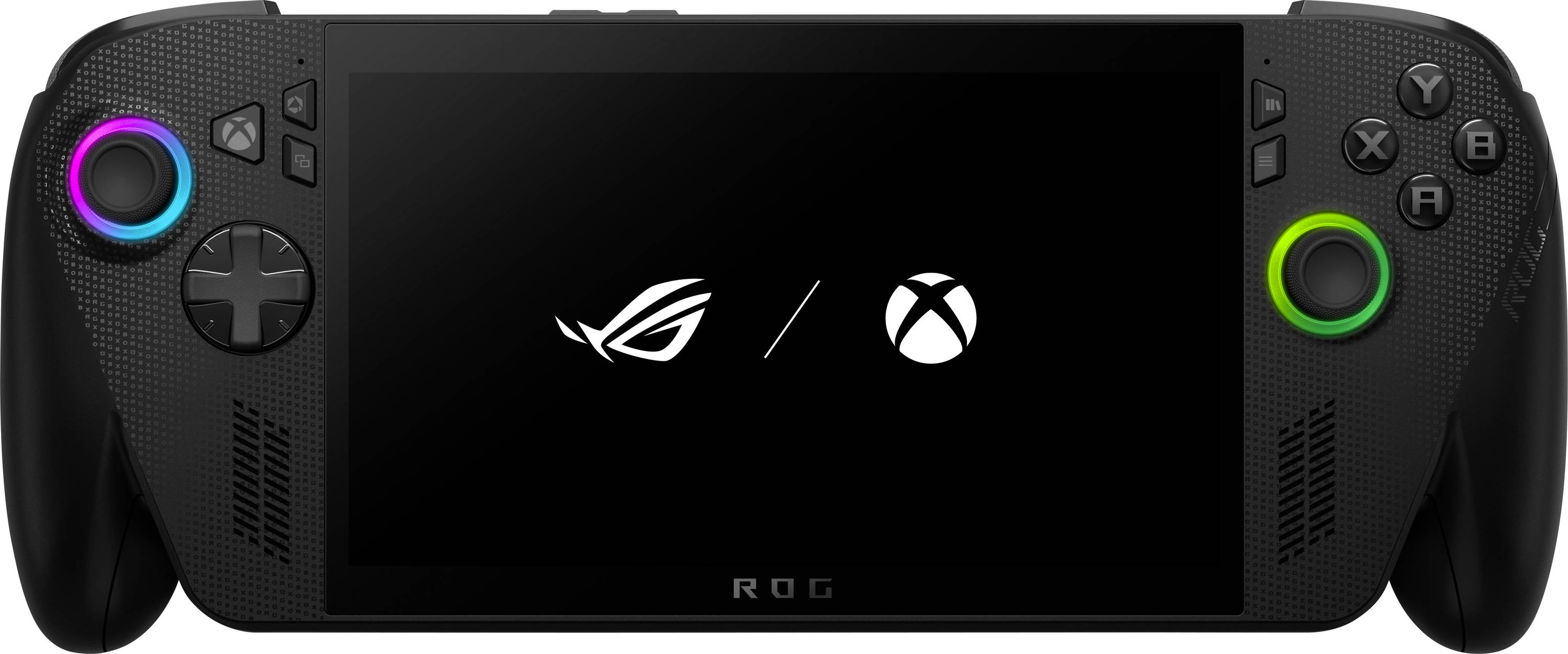 En handhållen spelkonsol med en stor central skärm, styrspaksreglage med färgade ringar samt logotyperna 'ROG' och 'Xbox' synliga.