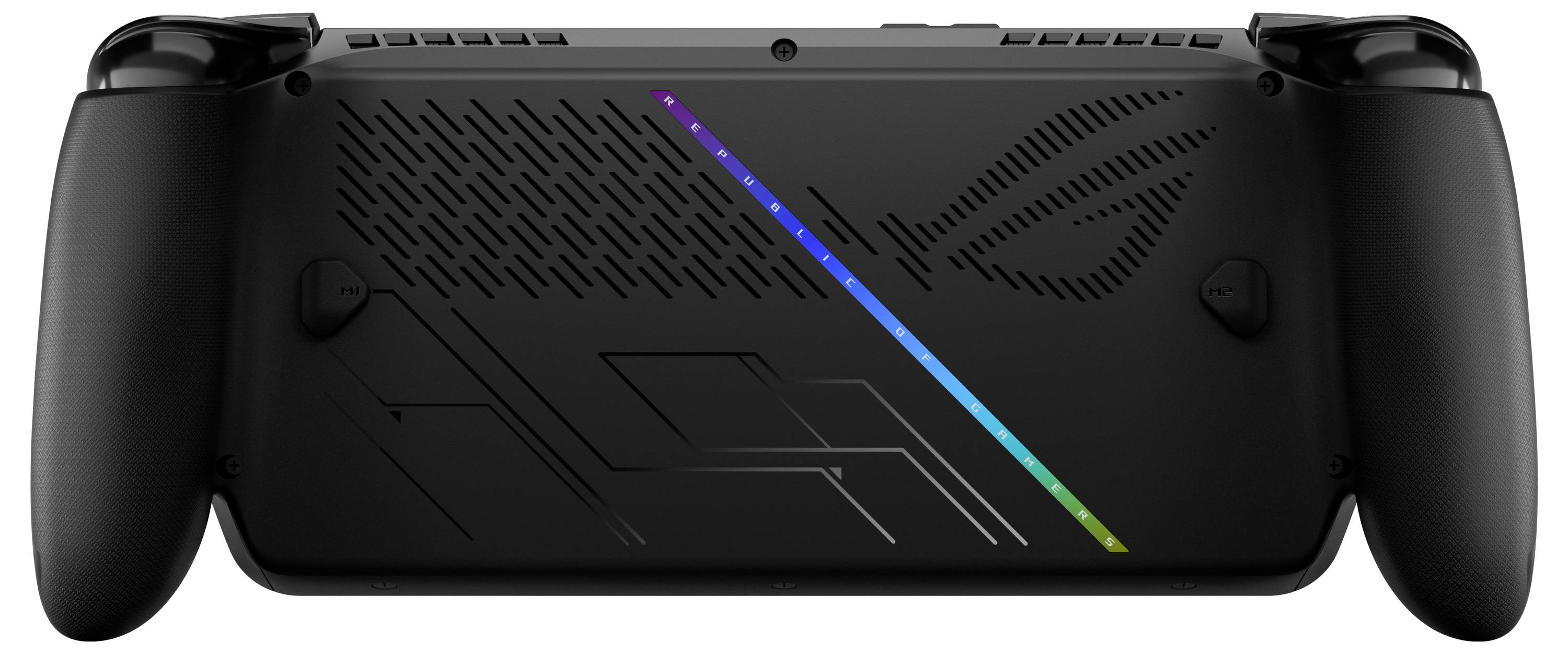 En svart handhållen spelkonsol med en RGB-ljusremsa, två joysticks på baksidan och intriktata geometriska mönster.