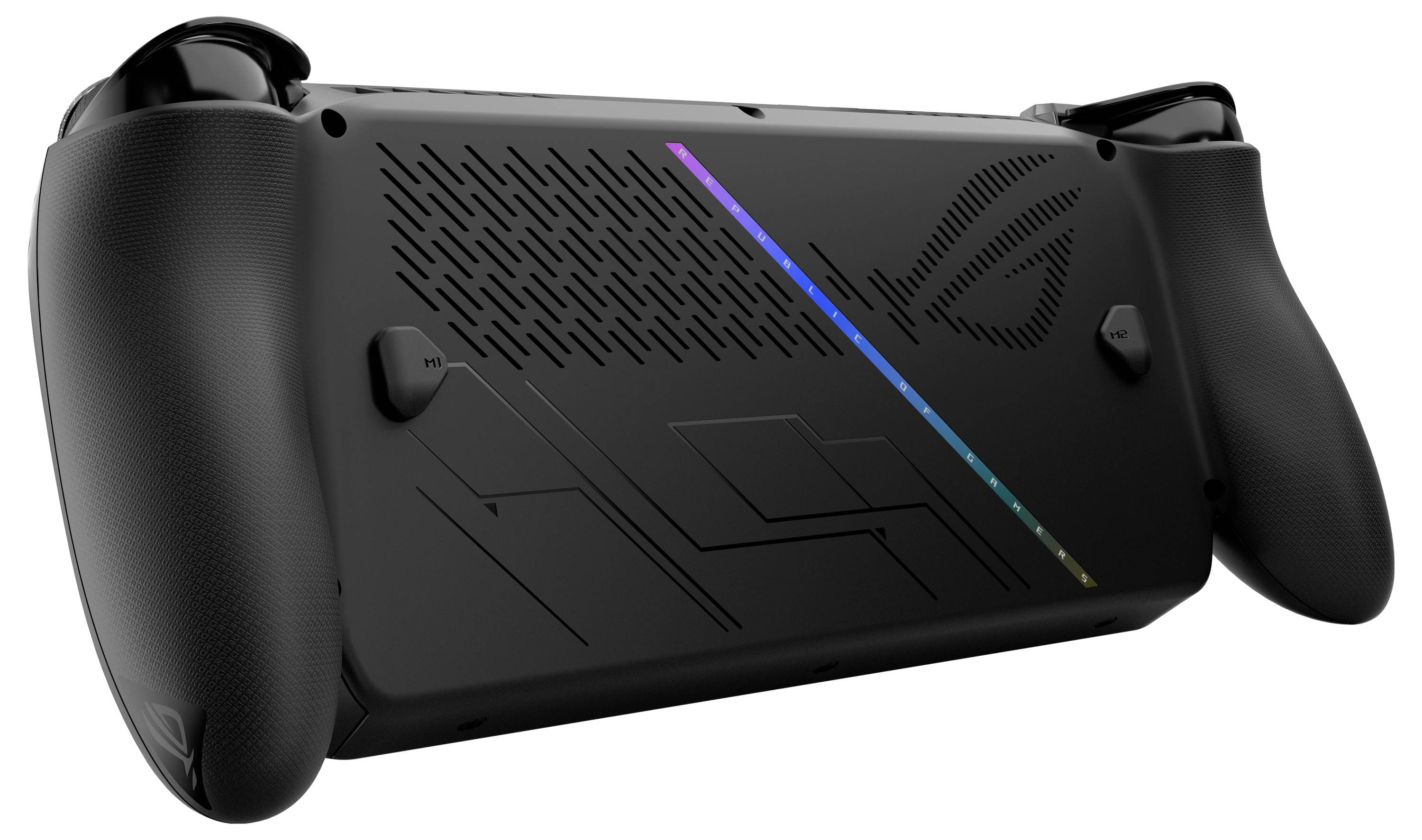 En spelhandhållen konsol med ergonomiska handtag och en texturerad baksida, utrustad med präglad geometrisk design och ett RGB-ljusremsa.