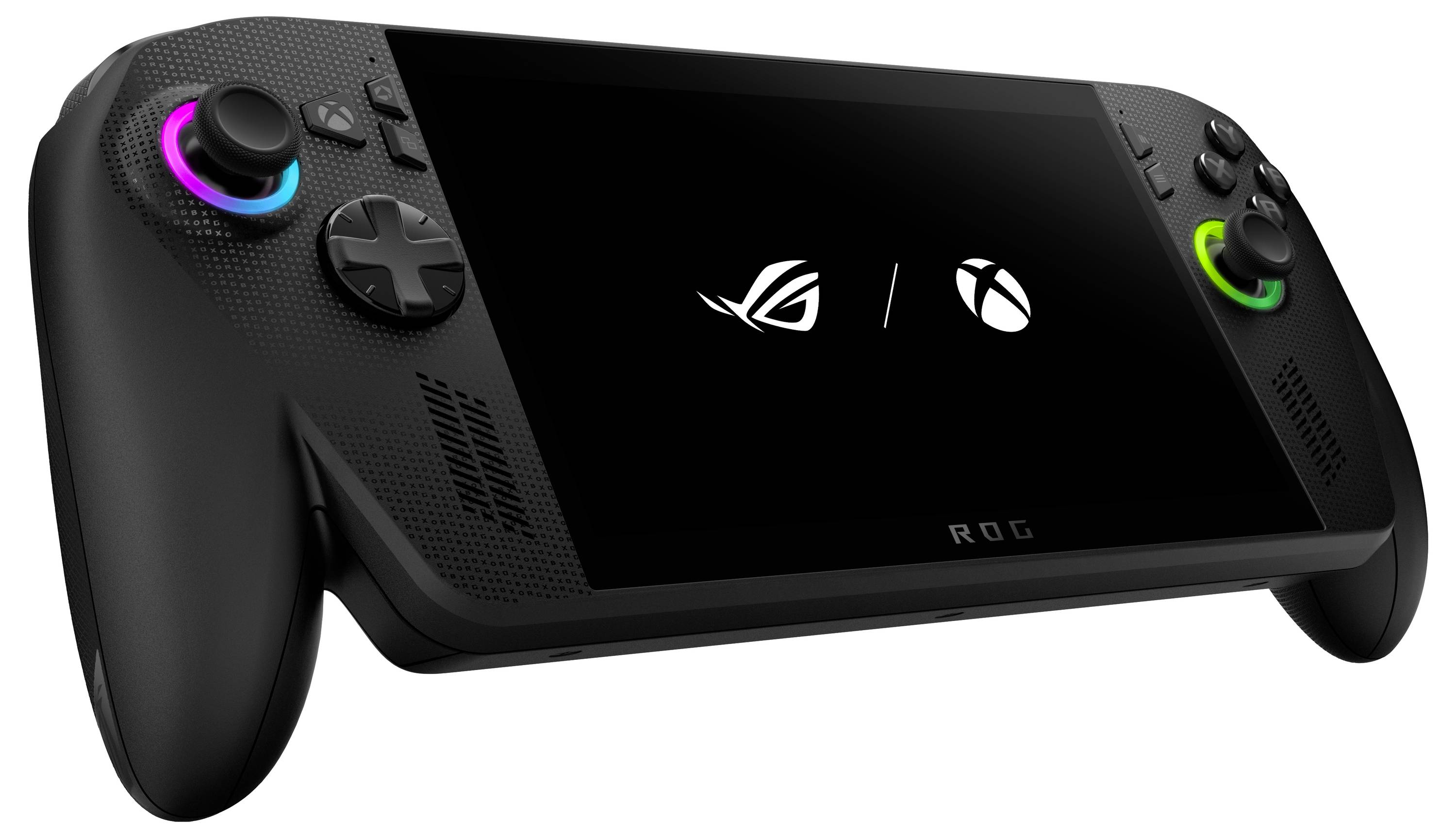 En svart handhållen spelmaskin med en skärm som visar 'ROG'- och 'Xbox'-logotyper, utrustad med färgglada knappar och styrspaksreglage.
