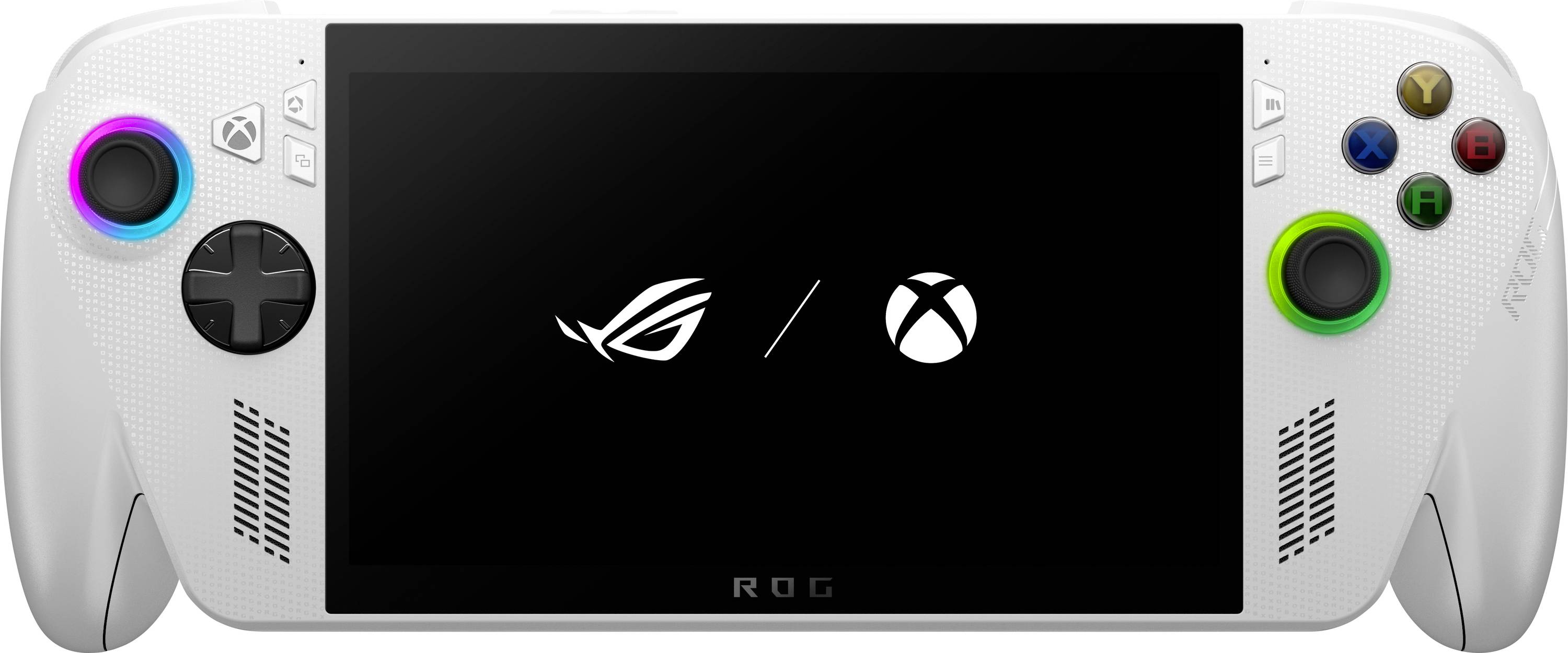 En vit handhållen spelkonsol med två kontrollspakar, en stor central skärm som visar 'ROG / Xbox' logotyper, och färgglada knappar.