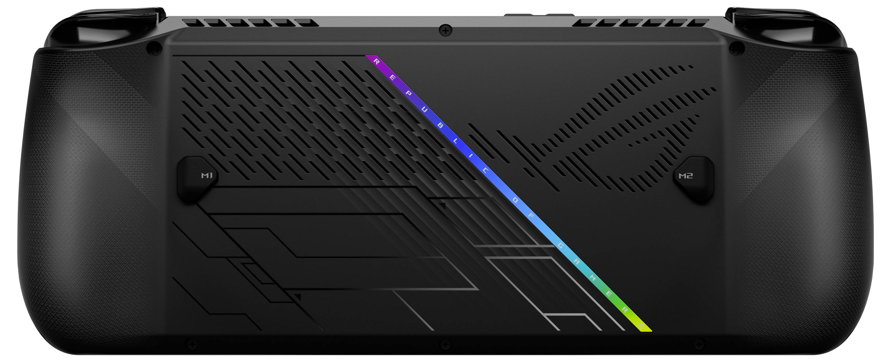 En bakifrån-bild av en svart spelapparat, med geometriska mönster och en flerfärgad diagonal linje tvärs över mitten.