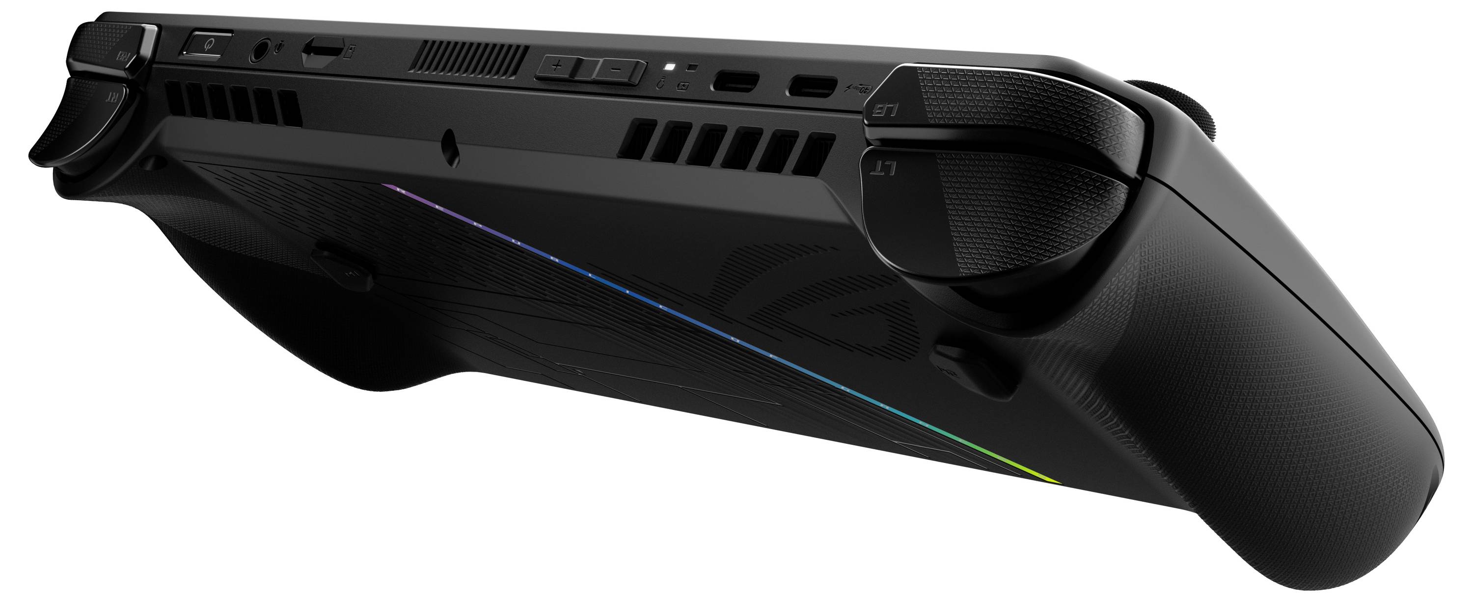 Handhållen spelenhetsapparat sedd bakifrån, som visar upp ergonomisk design och ventilationsfunktioner.