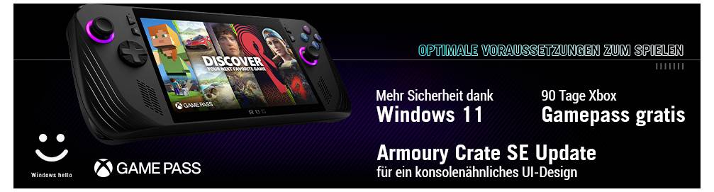 En handhållen spelkonsol visar 'Discover'-skärmen. Texten lyder: 'Windows 11', '90 dagars Xbox Game Pass gratis', 'Armoury Crate SE Update'.