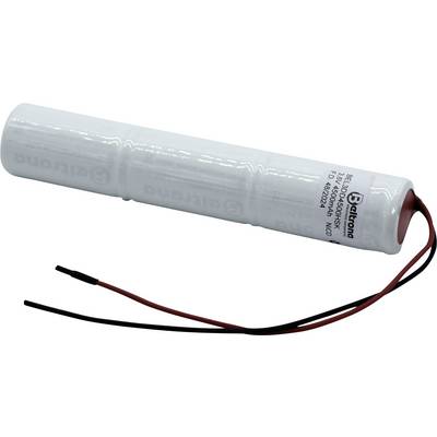 Ett cylindriskt batteripaket med fyra sammankopplade celler, röda och svarta ledningar som sträcker sig från ena änden, märkt med varumärke och specifikationer.
