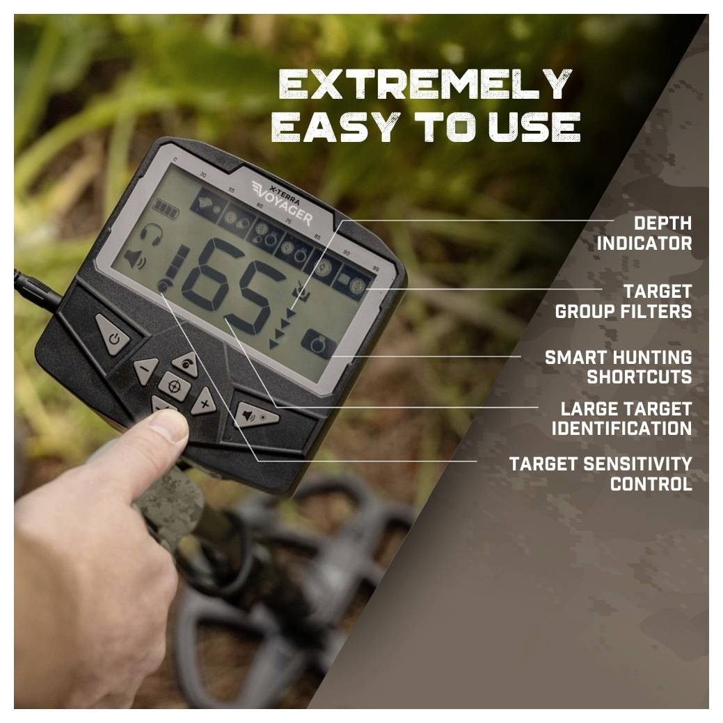 'Metalldetektor med skärm som visar numret 165. Etiketter pekar på funktioner: djupindikator, måttgruppsfilter, sökgenvägar, måligenkänning, känslighetsreglage. Text: Extremt enkel att använda.'