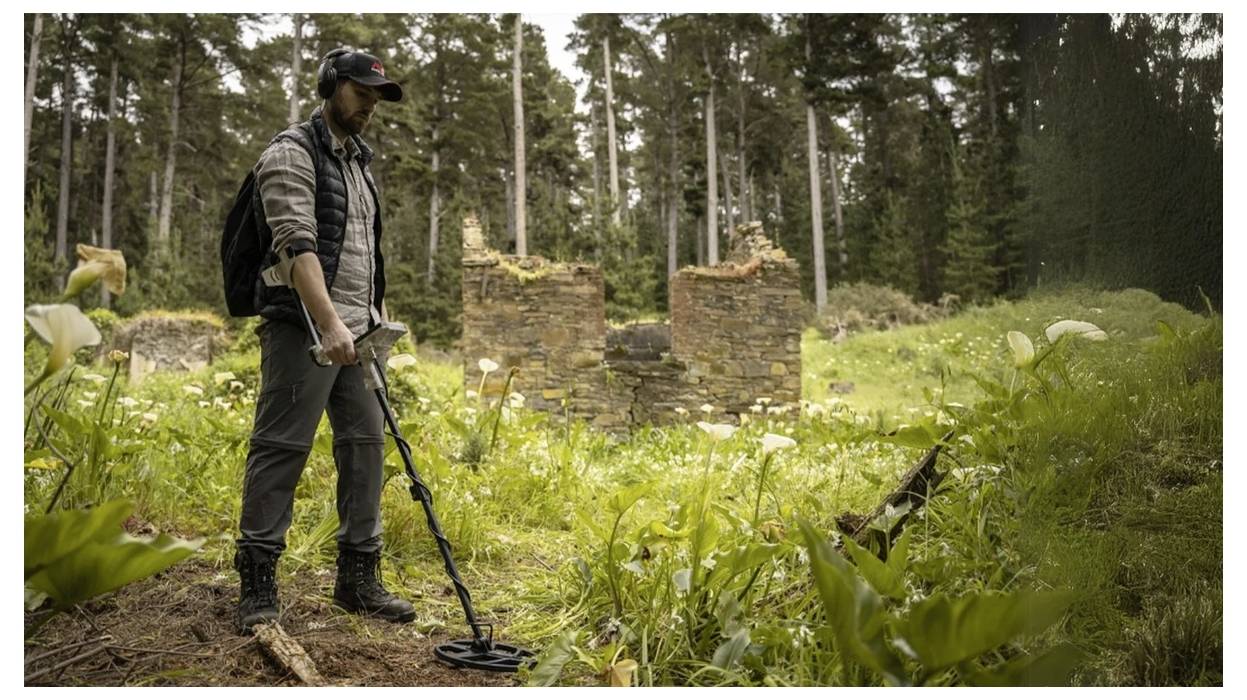 En person som använder en metalldetektor i ett gräsbeklätt område nära forntida ruiner i en skog, vilket antyder en sökning efter historiska artefakter.