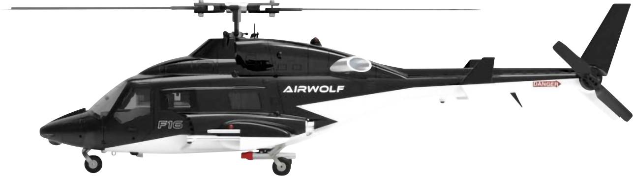 En smidig svart helikopter med texten 'AIRWOLF' på sidan, utrustad med en dubbelrotordesign, vit underrede och en spetsig nos.