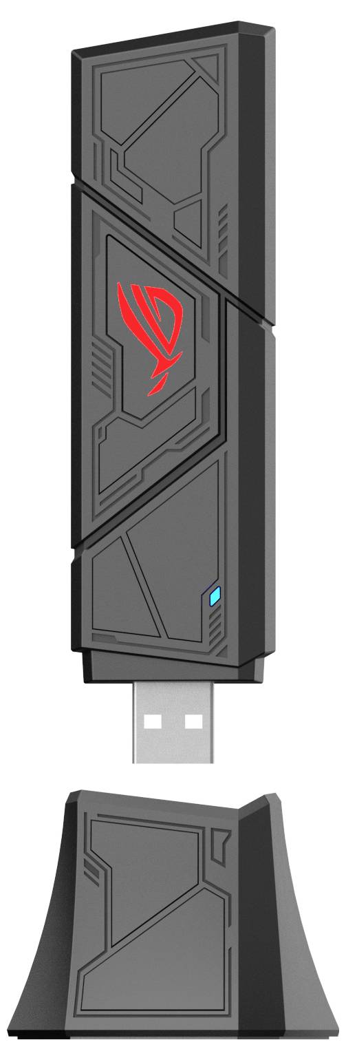 En svart USB-dongle med en stiliserad röd logotyp på framsidan, utsmyckad med geometriska mönster och en liten blå indikatorlampa nära basen.