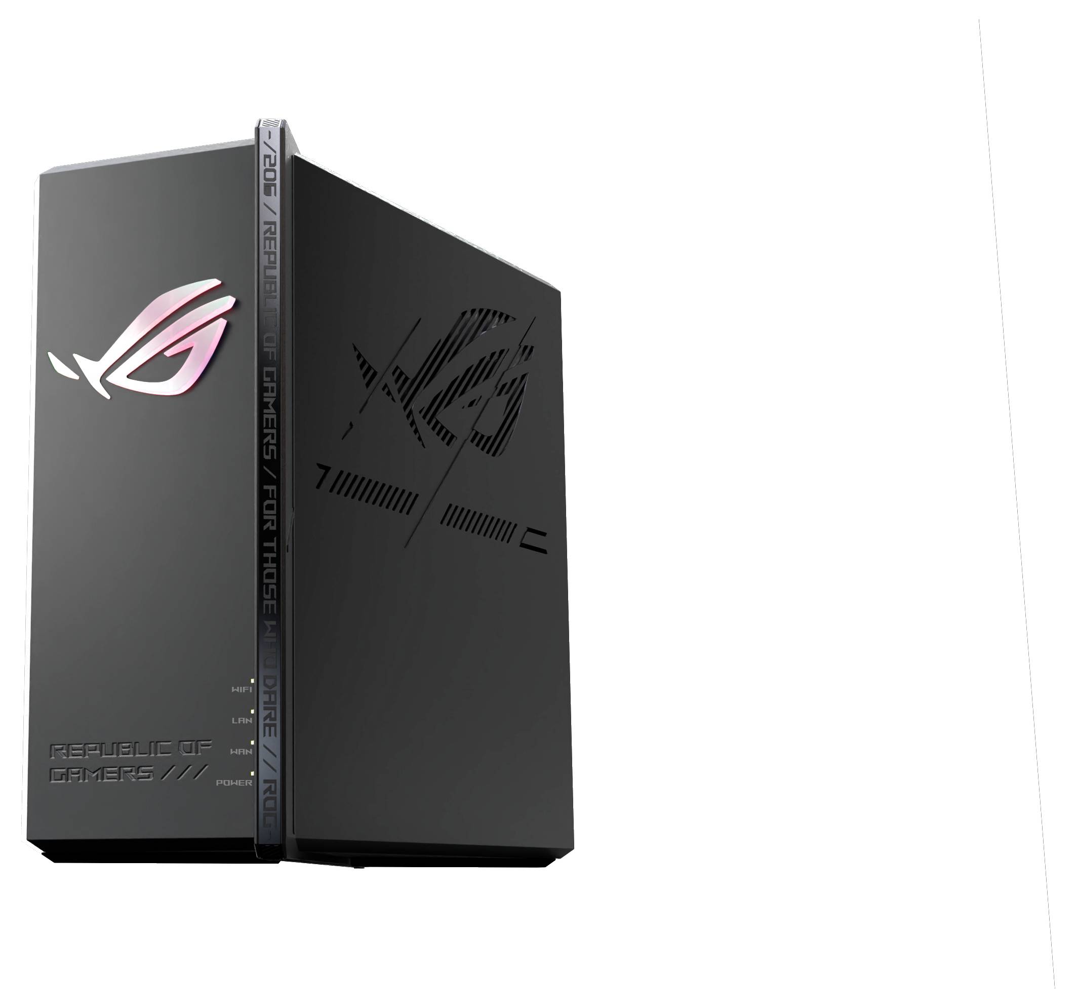 Spelskrivbordsdator med ett elegant svart hölje, utrustad med 'Republic of Gamers' logotyp som lyser i rosa, med ett modernt design.