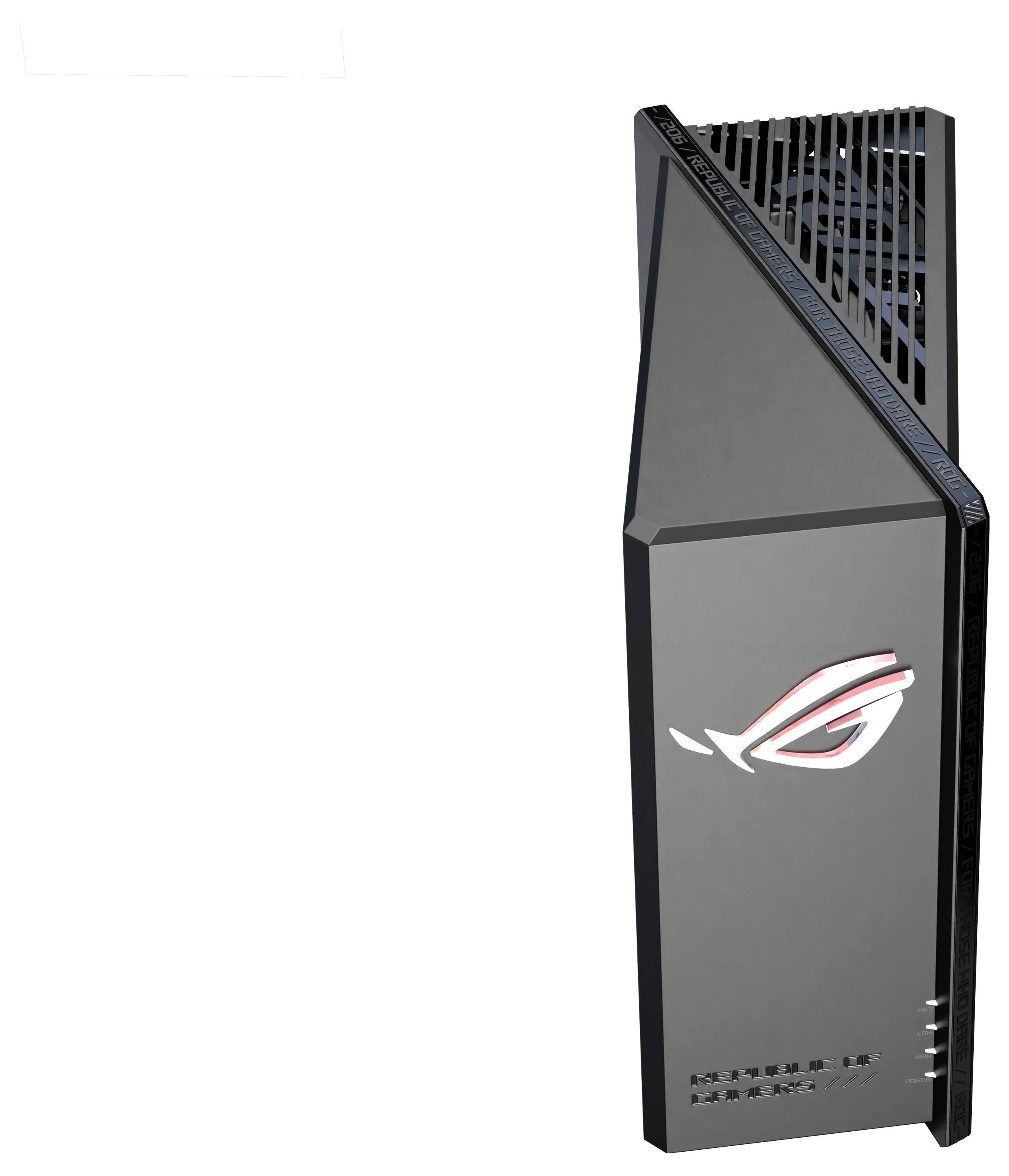 En hög, smidig svart spelmodem med 'ROG'-logotypen belyst i vitt och rött. Designen består av skarpa vinklar och ett futuristiskt utseende.