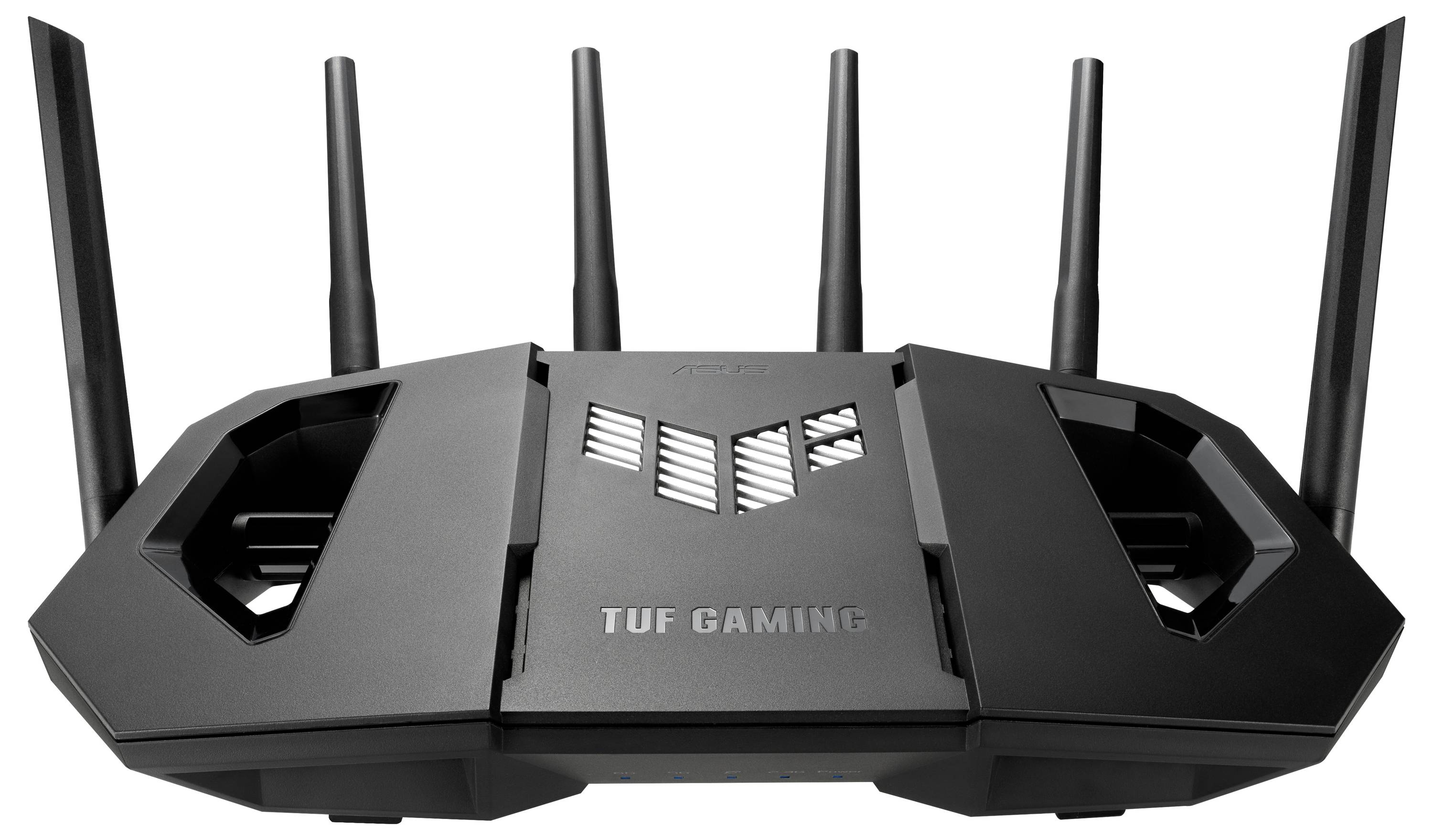 En svart spelrouter med fyra antennera, märkt 'TUF Gaming', designad för höga internetuppkopplingsprestanda.