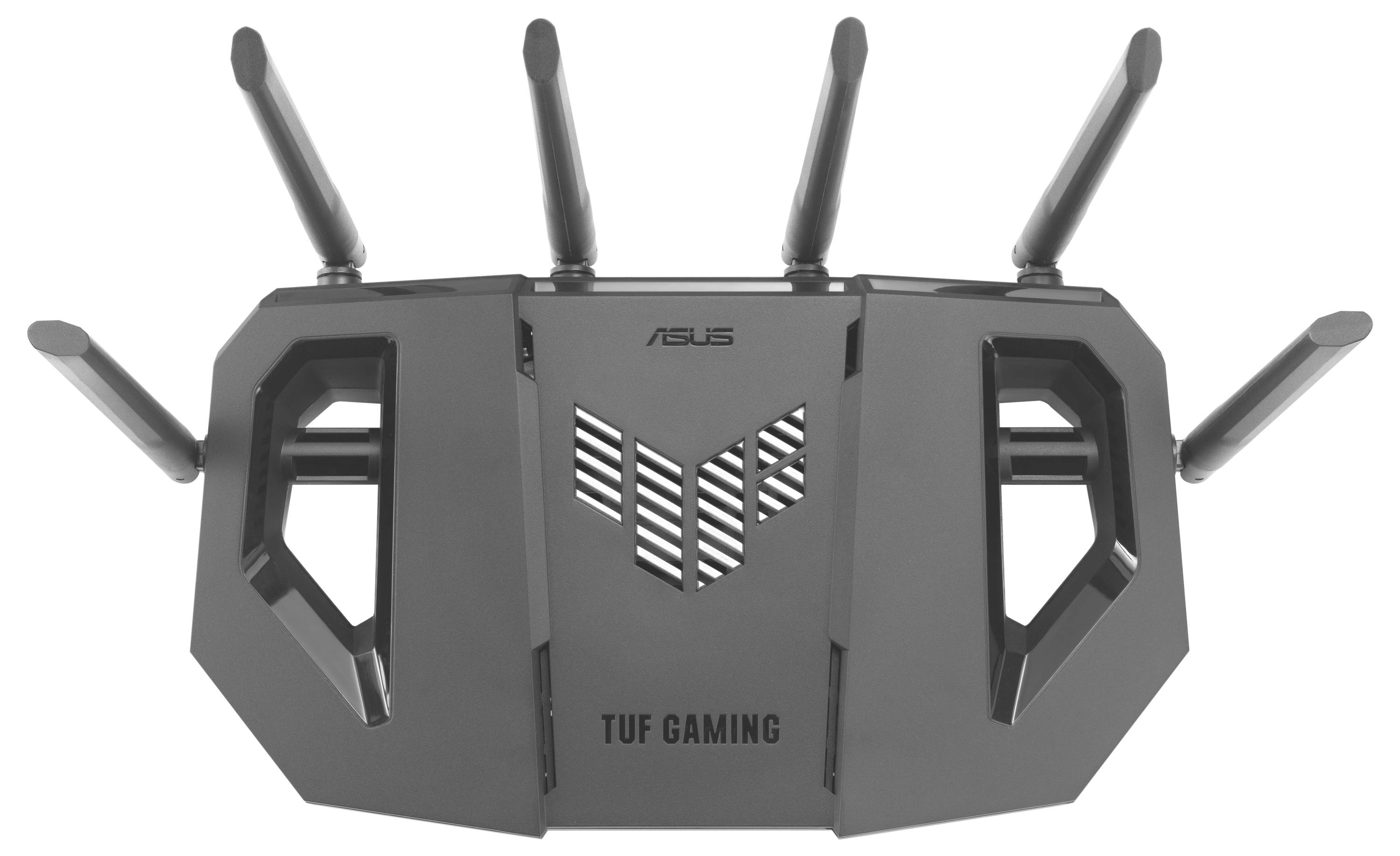 Spelrouter med vinklad design och flera antenner, märkt 'ASUS TUF Gaming.'