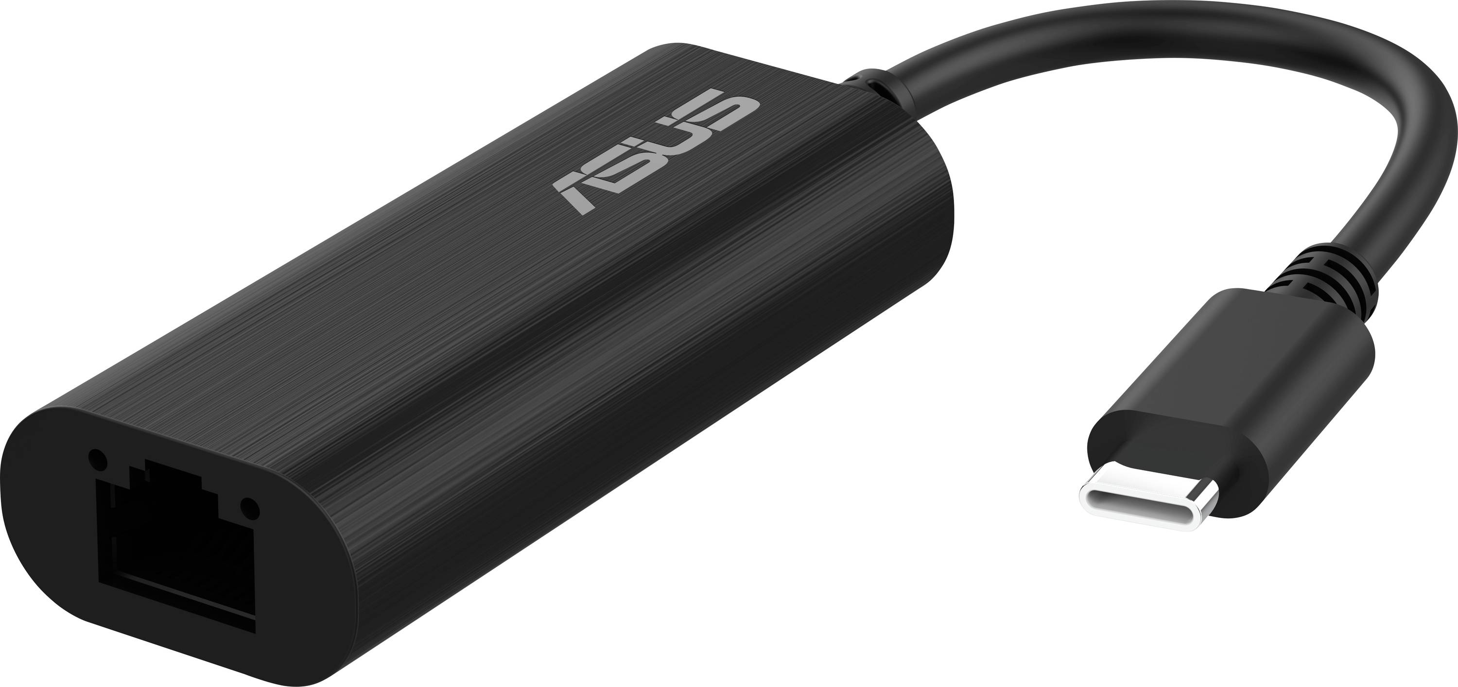 En svart ASUS USB-C Ethernet-adapter med en USB-C-kontakt på ena änden och en Ethernetport på den andra för nätverksanslutning.
