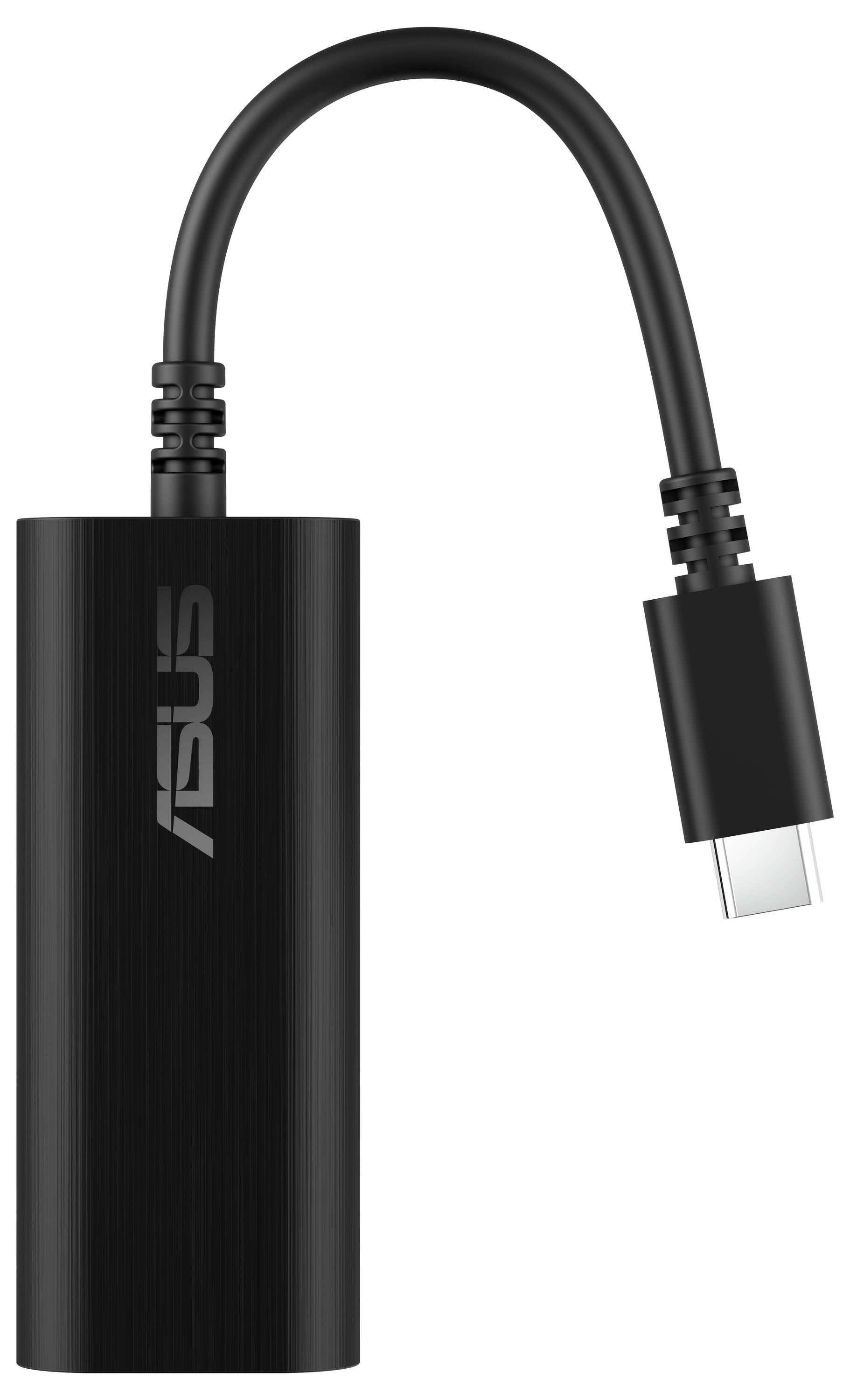 En svart USB-C till Ethernet-adapter med en slimmad design och texten 'ASUS' på sidan, som används för att ansluta enheter till ett nätverk.