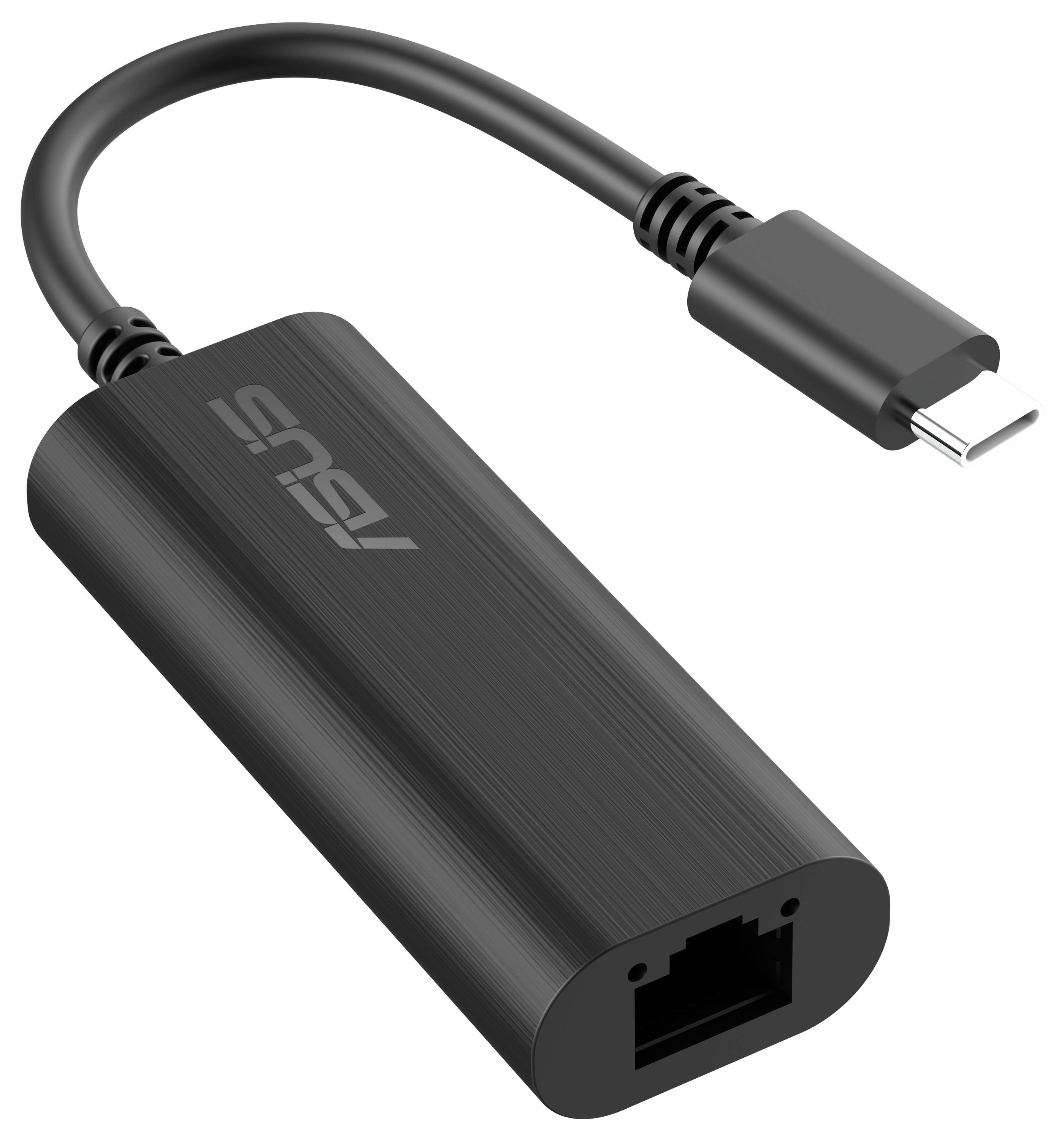 En svart USB-C till Ethernet-adapter med en kort kabel, försedd med varumärkesnamnet på dess hölje.